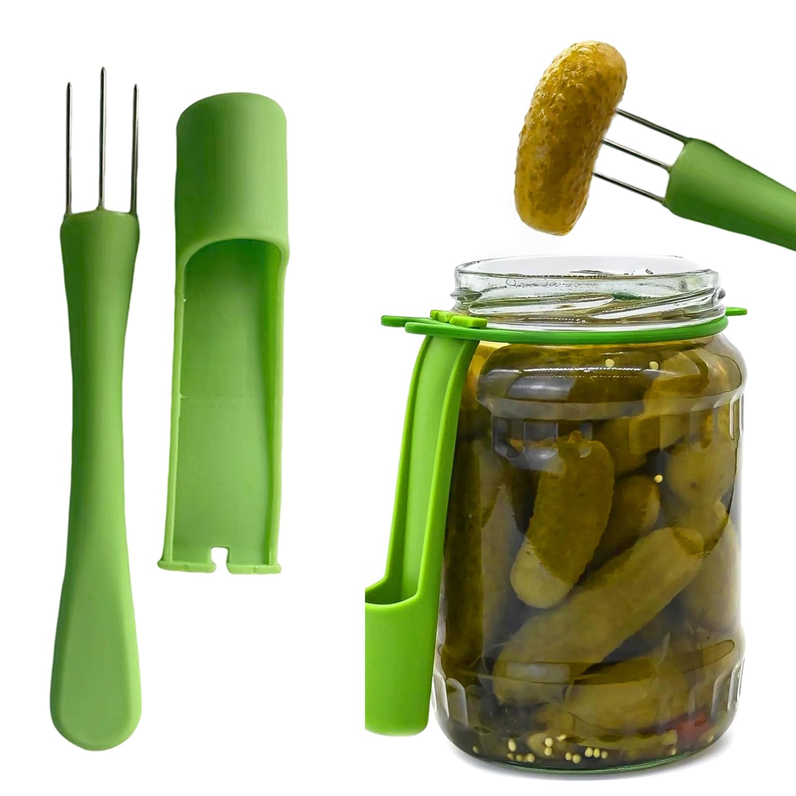 Walbest 2-Pack Green Pickle Forks - Stainless Steel Olive Grabber Tools for Jars | Perfect Kitchen Gadgets for Pickles, Olives & Cocktails | Great Gift for Food Lovers & Home Chefs