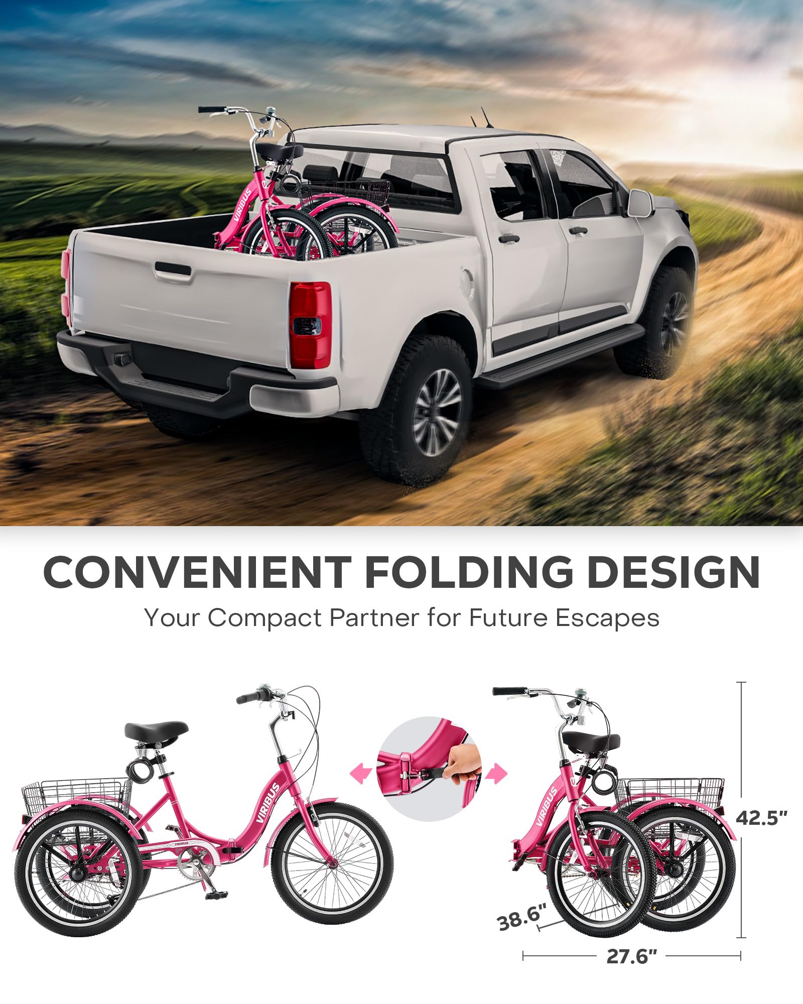 Viribus 20 Inch Folding Adult Tricycle - 1 or 7 Speed 3 Wheel Bike with Lock, Foldable Trike for Men, Women & Seniors (330lb Capacity) - Perfect for Commuting, Shopping & Senior Recreation