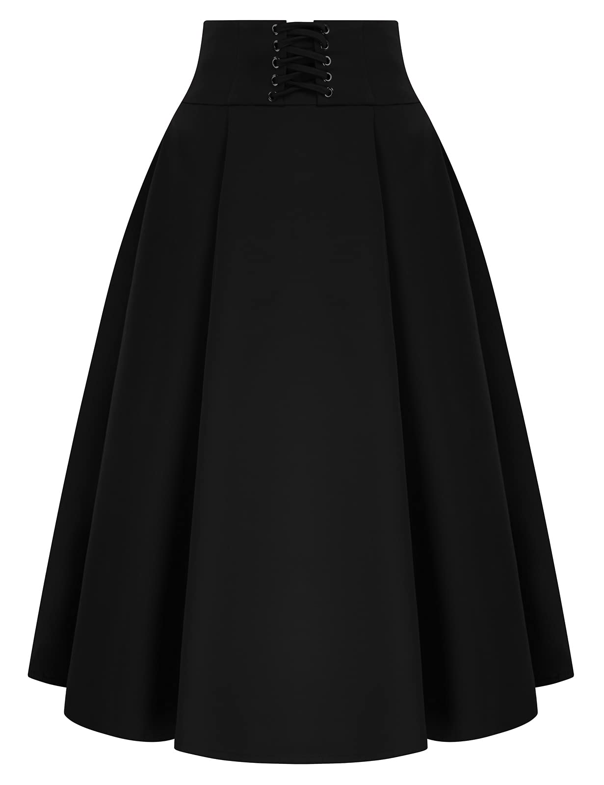 Belle Poque Women's Vintage A-Line Midi Pleated Skirt with Lace-Up Detail & Pockets - Gothic Victorian Style Skirt for Casual, Party & Retro Fashion Outfits