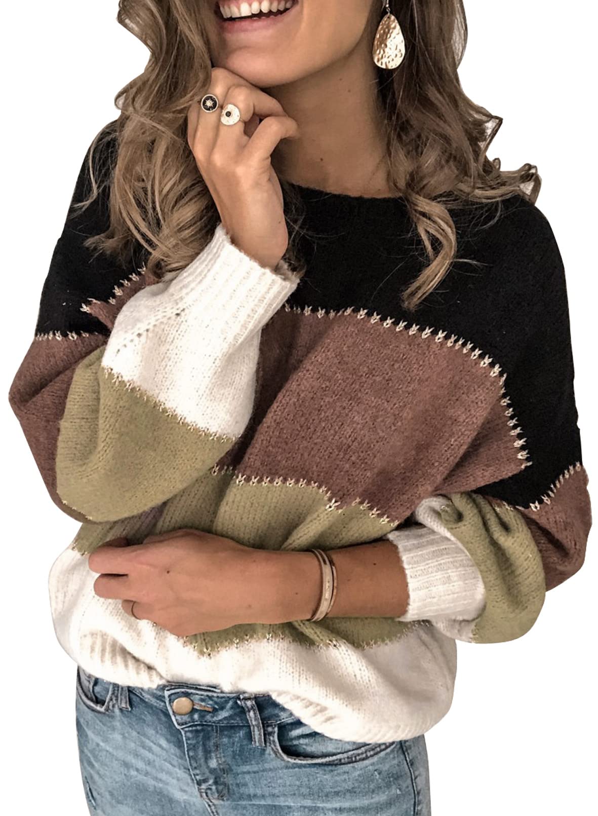 Dokotoo Women's Color Block Sweater Long Sleeve Crewneck Pullover Knit Jumper Top - Casual Winter Fashion for Office, Dating & Holiday Outfits