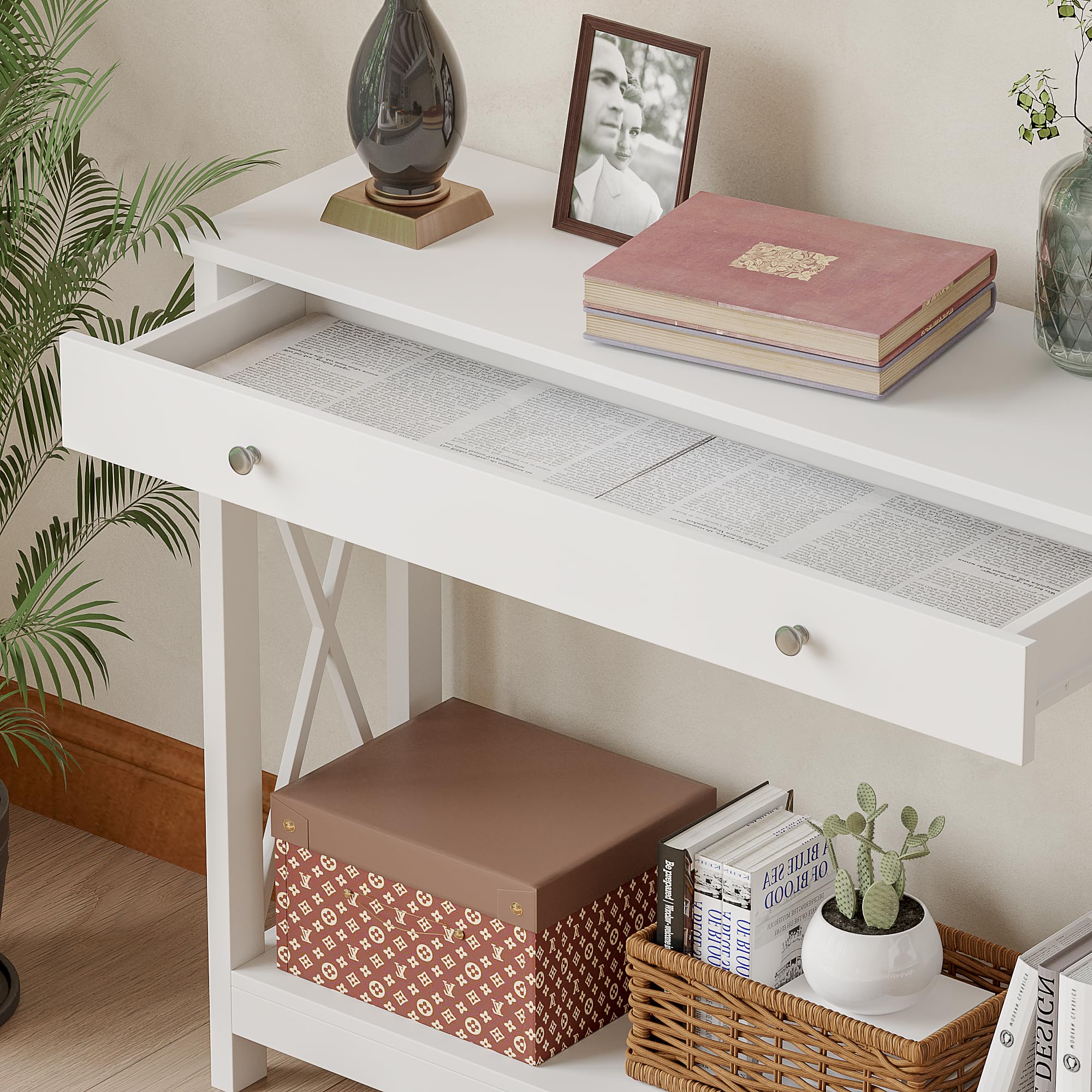 Treocho White Console Table with Drawer & Storage Shelves - Narrow Entryway Sofa Table for Hallway, Living Room & Foyer - Perfect for Home Decor, Small Space Organization & Entry Storage Solutions
