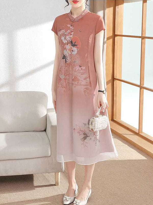 Elegant Pink & Green Floral Chiffon A-Line Cheongsam Qipao Dress for Women | Traditional Chinese Dress for Parties, Weddings & Special Occasions