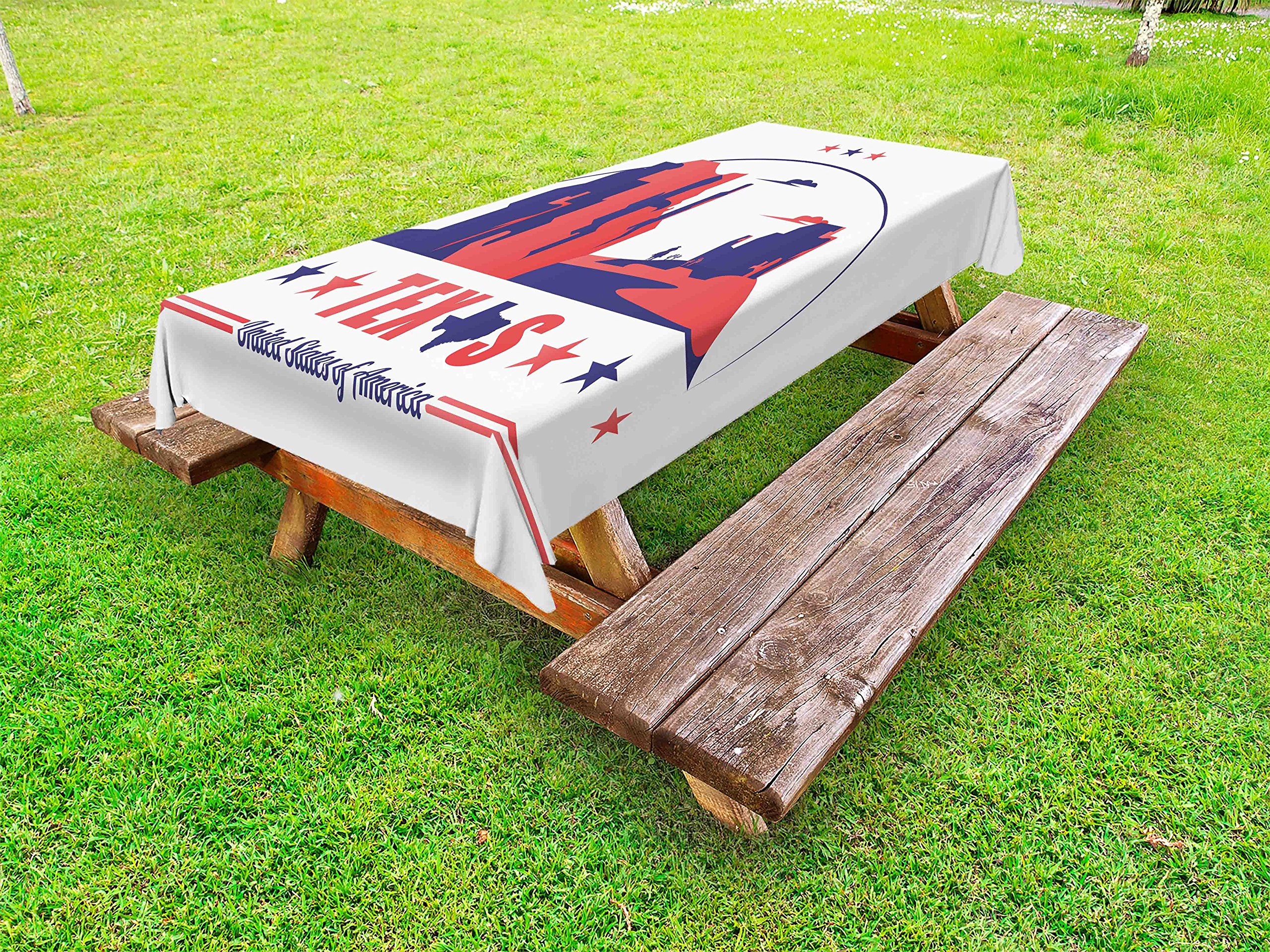 Ambesonne Texas Star Outdoor Tablecloth - Texas State Map with Cowboy Silhouette & Desert Canyon Design - Washable Picnic Table Cover 58x104 Inches - Indigo & Dark Coral - Perfect for BBQs, Camping & Outdoor Dining