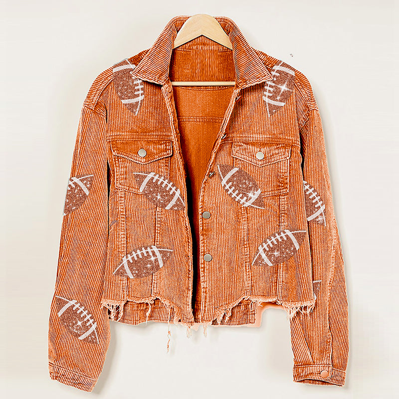 Stylish Women's Corduroy Rugby Print Baseball Jacket - Warm Autumn Winter Fashion Outerwear for Casual Wear & Outdoor Activities