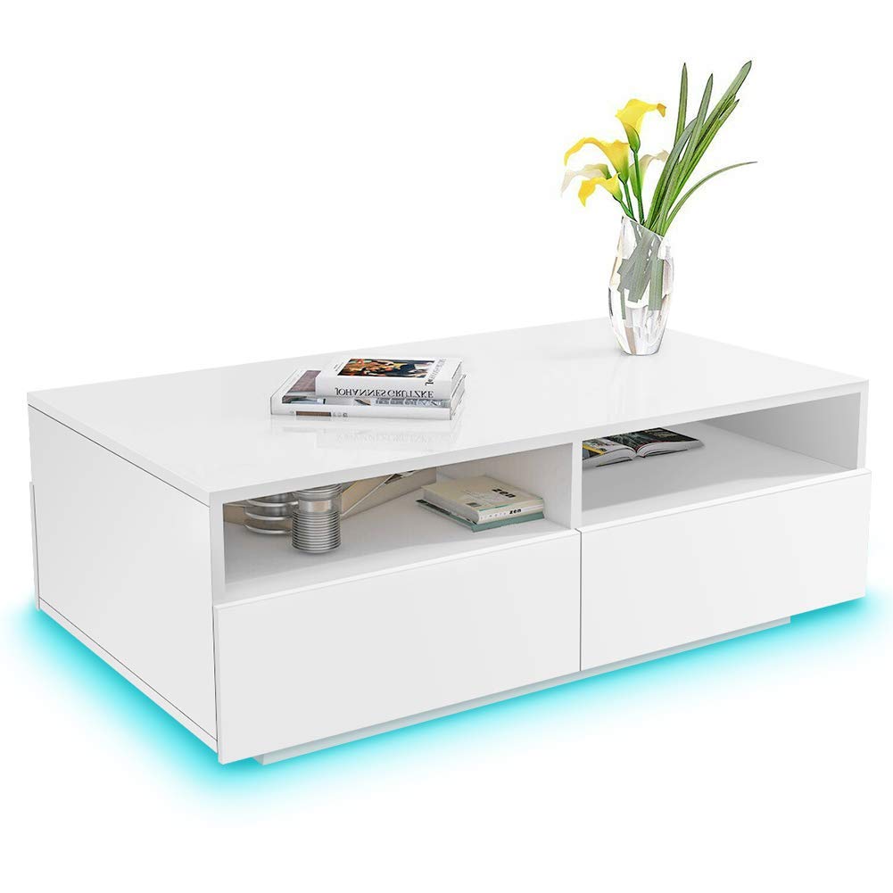 Modern White High Gloss LED Coffee Table with 4 Drawers & 2 Open Shelves - 33.46x22.04x13.77 Inch Rectangle Sofa Console Table for Living Room, Home Office, Bedroom - Perfect for Small Spaces & Nightstand Use