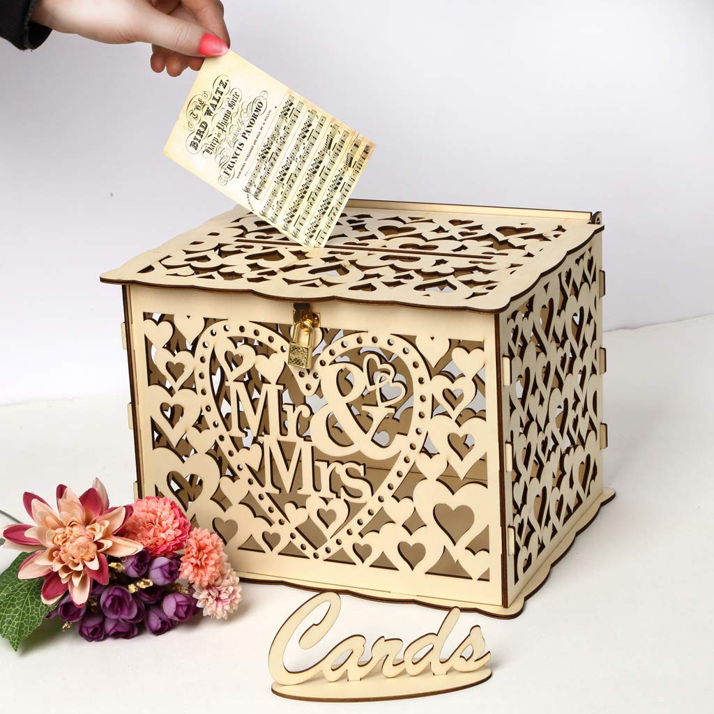 ELEOPTION Rustic Wooden Wedding Card Box with Lock & Sign - DIY Hollow Money Gift Holder for Reception, Anniversary, Baby Shower, Graduation Party Decor (Perfect for Birthday Celebrations & Special Events)