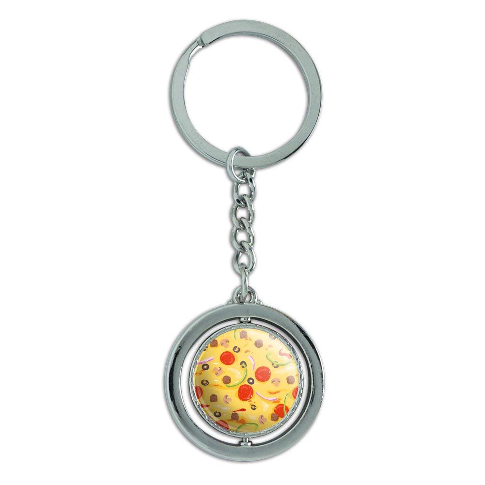 Spinning Round Chrome Plated Metal Pizza Keychain - Pepperoni, Olives & Onions Design | Unique Graphic Novelty Gift for Pizza Lovers, Kitchen Decor, Party Favors & Collectibles