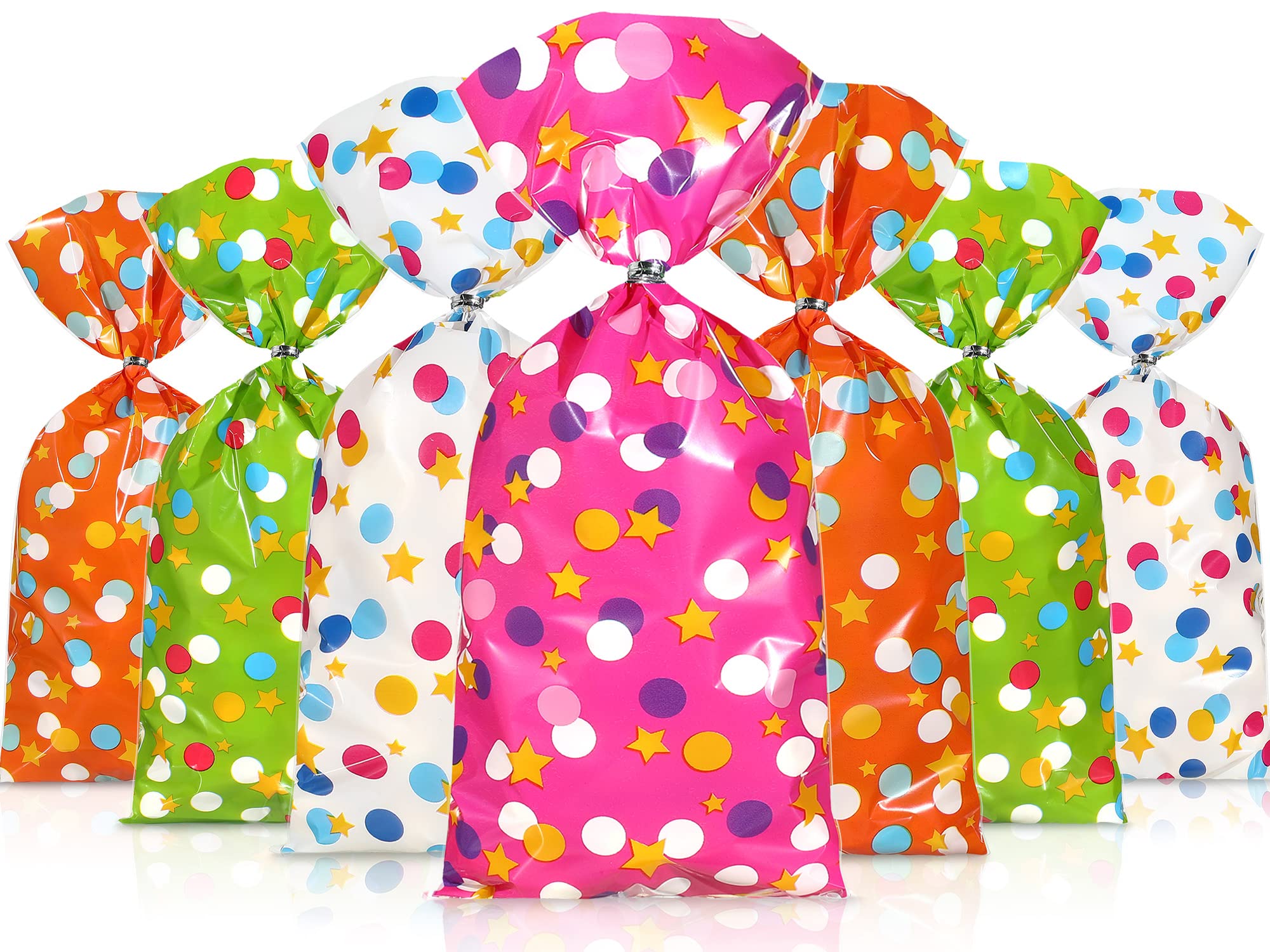 100 Pcs Polka Dot Cellophane Treat Bags with Twist Ties - Rainbow Star Party Favor Bags for Candy, Birthday, Baby Shower, Pride Day & School Events - Perfect for Party Favors, Gift Wrapping & Holiday Treats