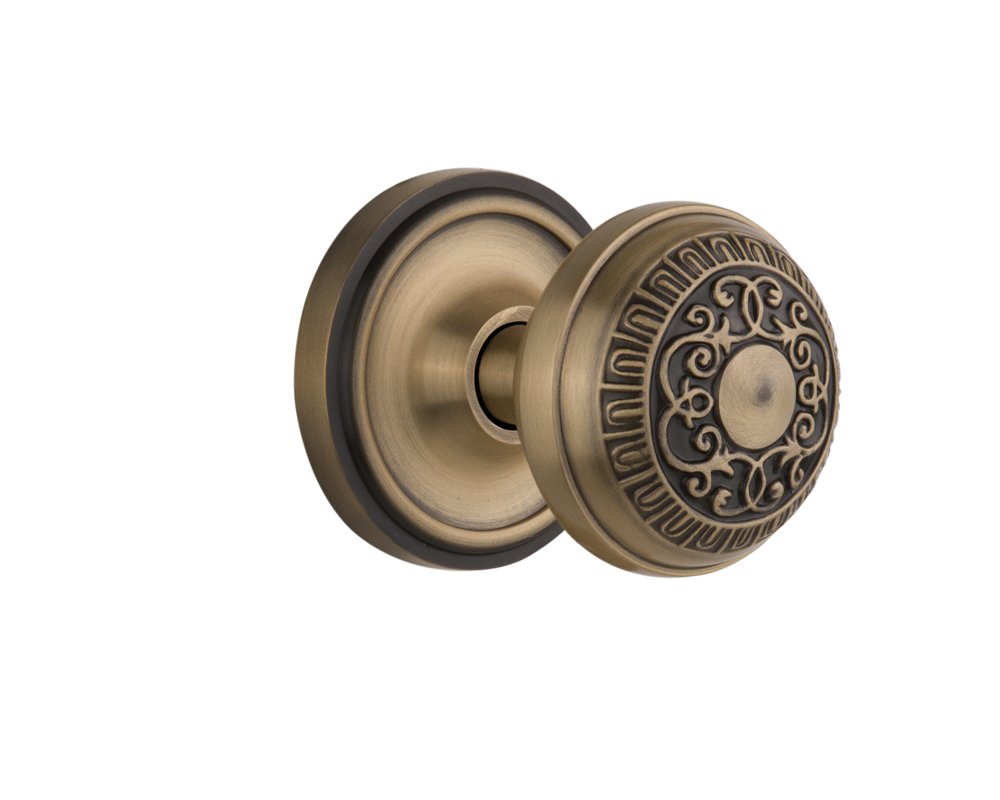 Vintage Classic Rosette with Egg & Dart Round Door Knob - Antique Brass Cabinet Hardware for Traditional Home Decor - Perfect for Bedroom, Bathroom & Interior Doors