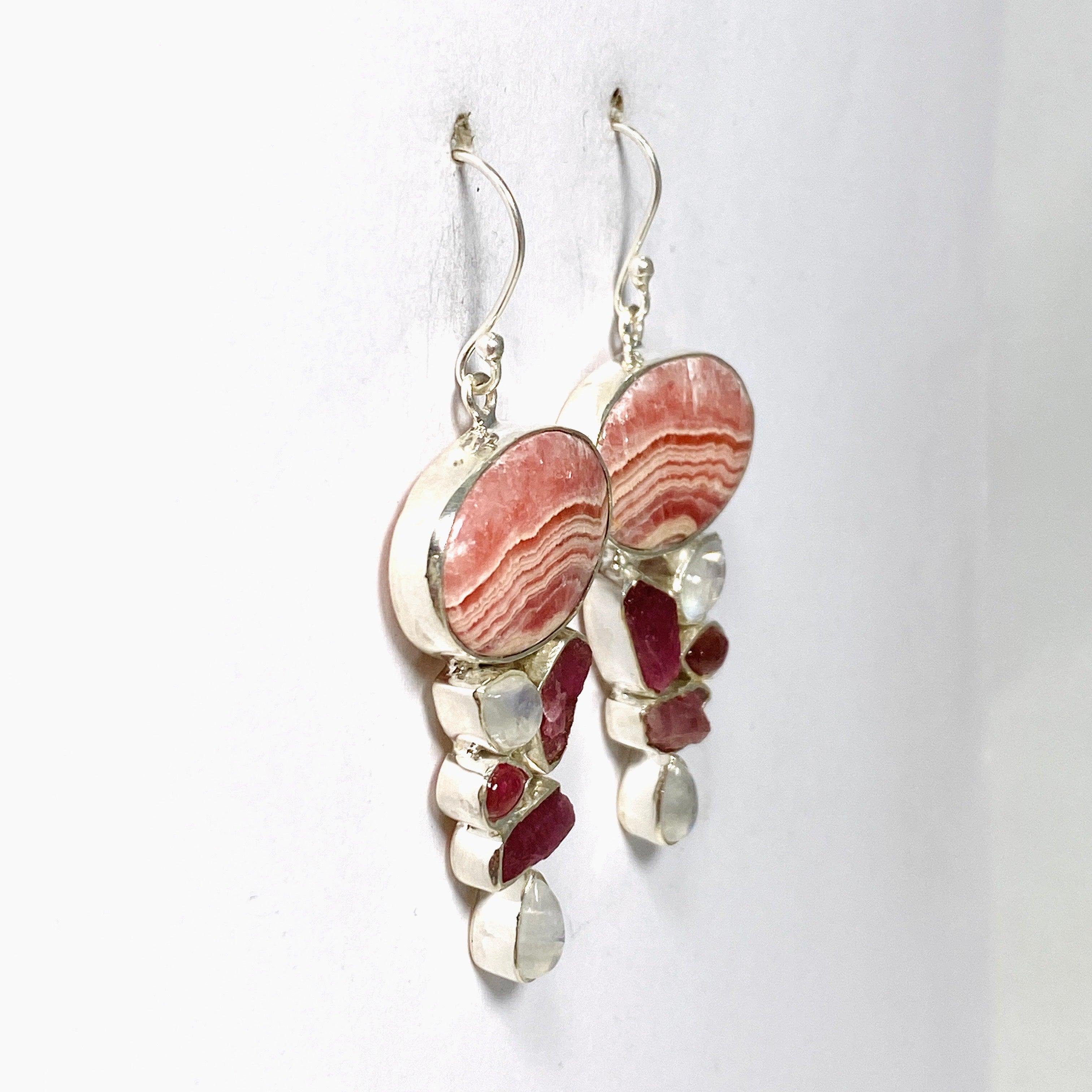 Rhodochrosite Moonstone Pink Tourmaline Multistone Dangle Earrings KEGJ1464 - Elegant Gemstone Jewelry for Women, Perfect for Weddings & Special Occasions