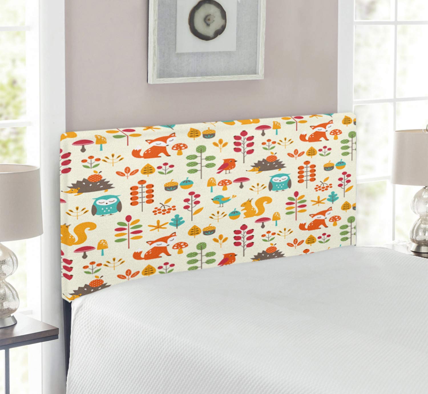 Ambesonne Cartoon Headboard - Autumn Owl Fox Squirrel Birds Animal Leaves Print Upholstered Metal Bed Headboard with Memory Foam, Twin Size, Multicolor | Kids Room Decor, Nursery, Bedroom Accent Piece