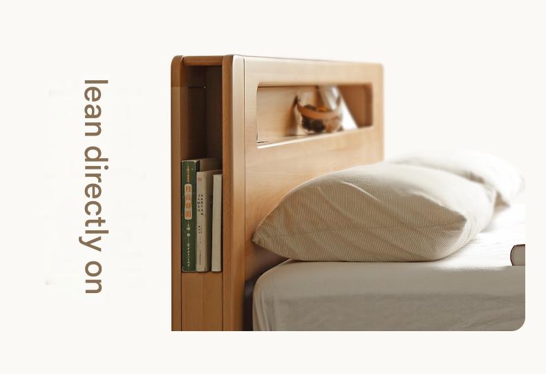 Solid Oak and Beech Wood Bed with Built-in LED Lights and Bookshelf - Modern Bedroom Furniture for Small Spaces, Lofts, and Studio Apartments