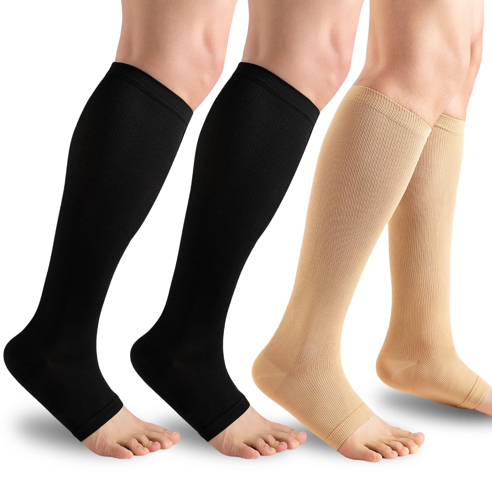 3 Pack Open Toe Compression Socks for Men & Women - 15-20 mmHg Knee High Stockings for Circulation Support & Swelling Relief - Ideal for Travel, Running & Varicose Veins