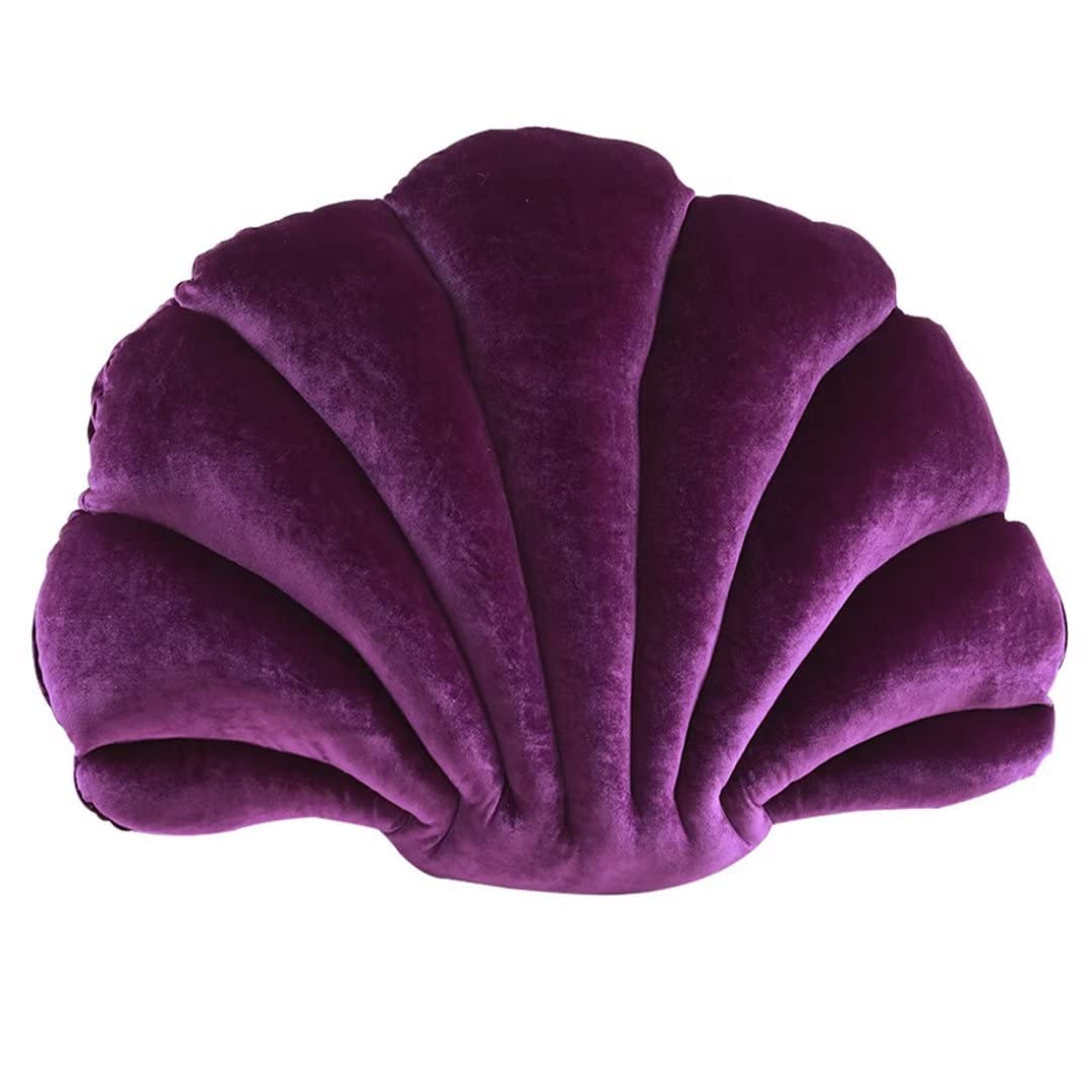 3D Velvet Seashell Throw Pillows for Sofa & Bed - Decorative Seashell Shaped Cushions (13.39x9.84 Inch, Medium, Grape Color) - Perfect for Coastal Home Decor, Beach House Bedding & Living Room Accents