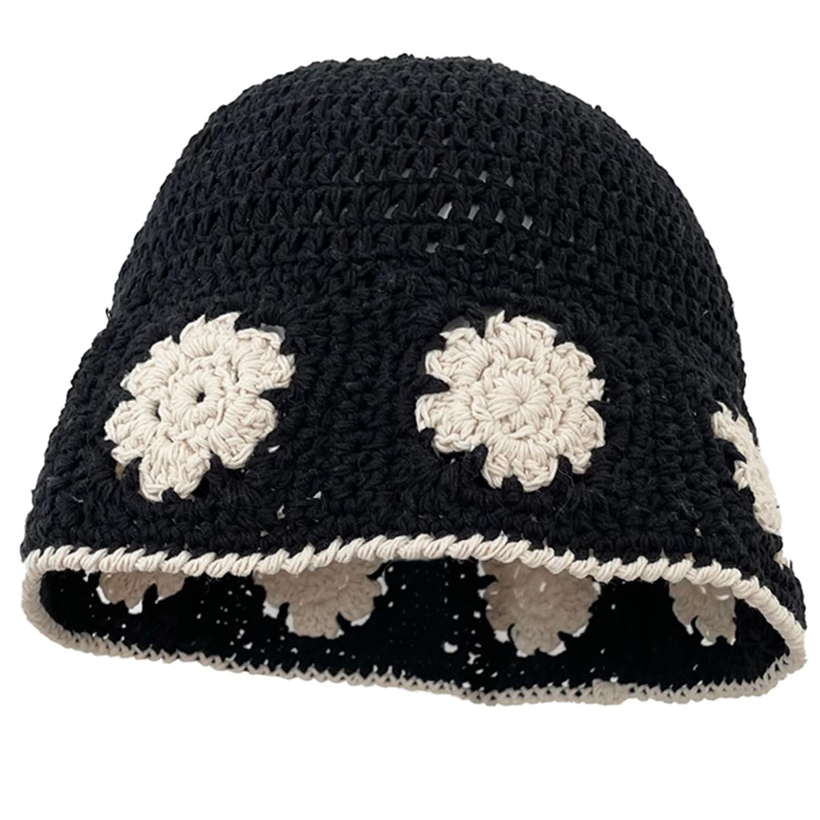 Women's Floral Crochet Knit Bucket Hat - Breathable Sun Hat for Beach, Photography & Outdoor Activities - Adjustable Medium Size in Black (BK)