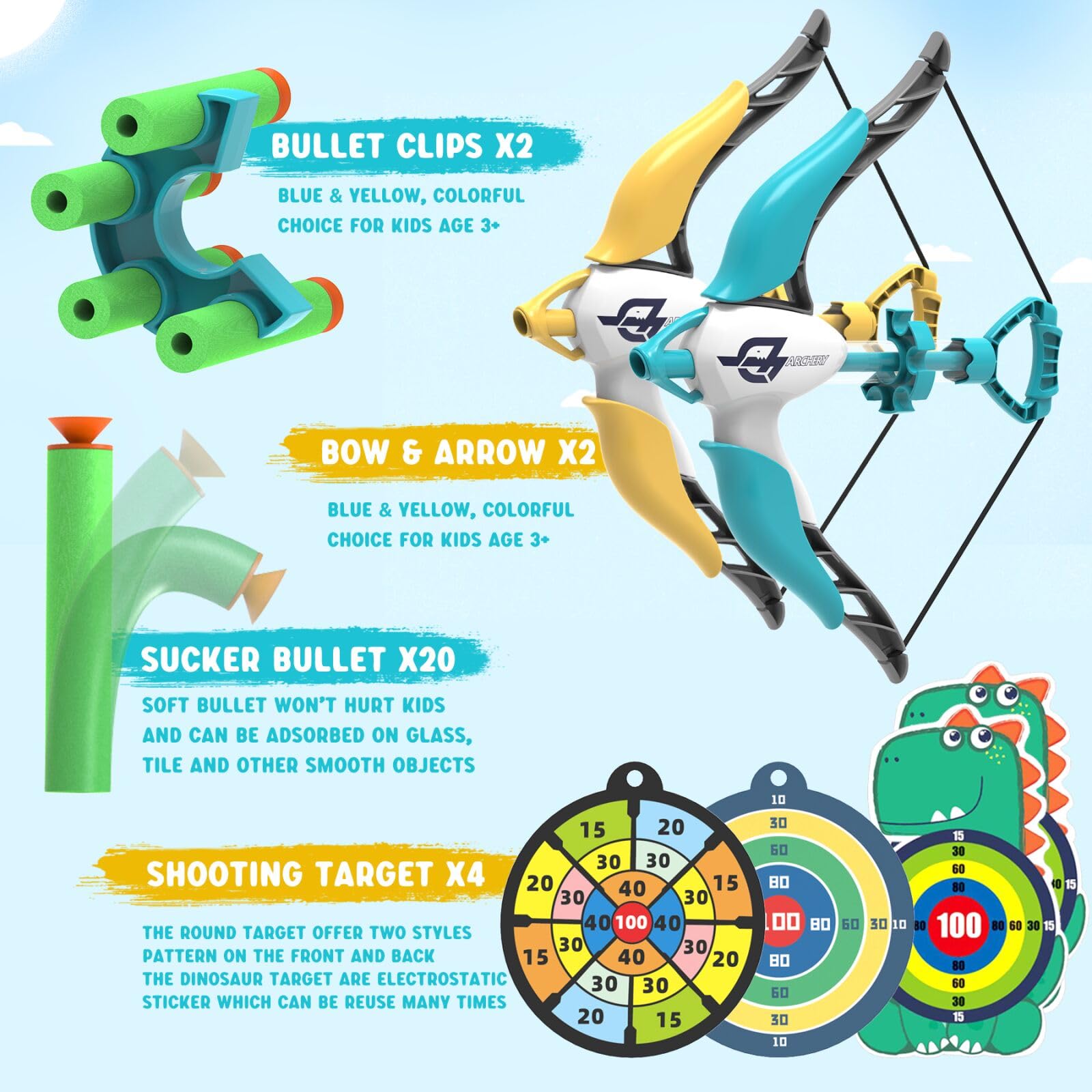 COSOOS 2 Pack Kids Bow and Arrow Set - Safe Archery Toy for Boys & Girls Ages 3-8 with 20 Suction Cup Arrows & 4 Targets - Indoor Outdoor Sports Game for Birthday Party, Backyard Play, and Camping Activities