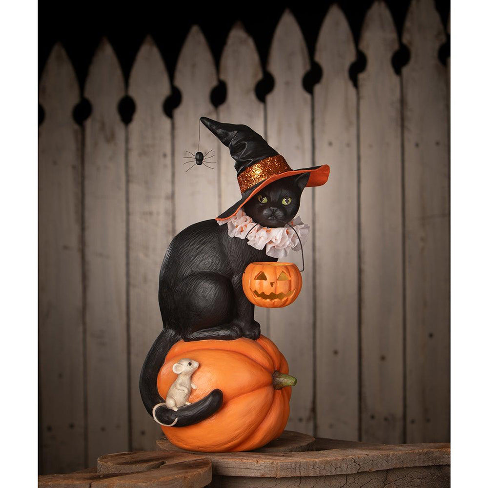 Halloween Cat Witch on Pumpkin Statue by Bethany Lowe Designs - Spooky Home Decor for Halloween Party & Fall Festival Decorations