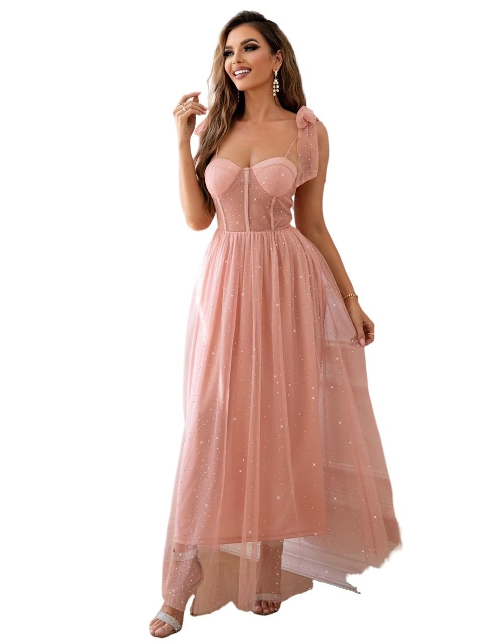 Women's Long Sleeveless Mesh Bustier Dress - High Waist Tie Shoulder Cami Maxi Dress for Summer Beach, Party & Evening Wear