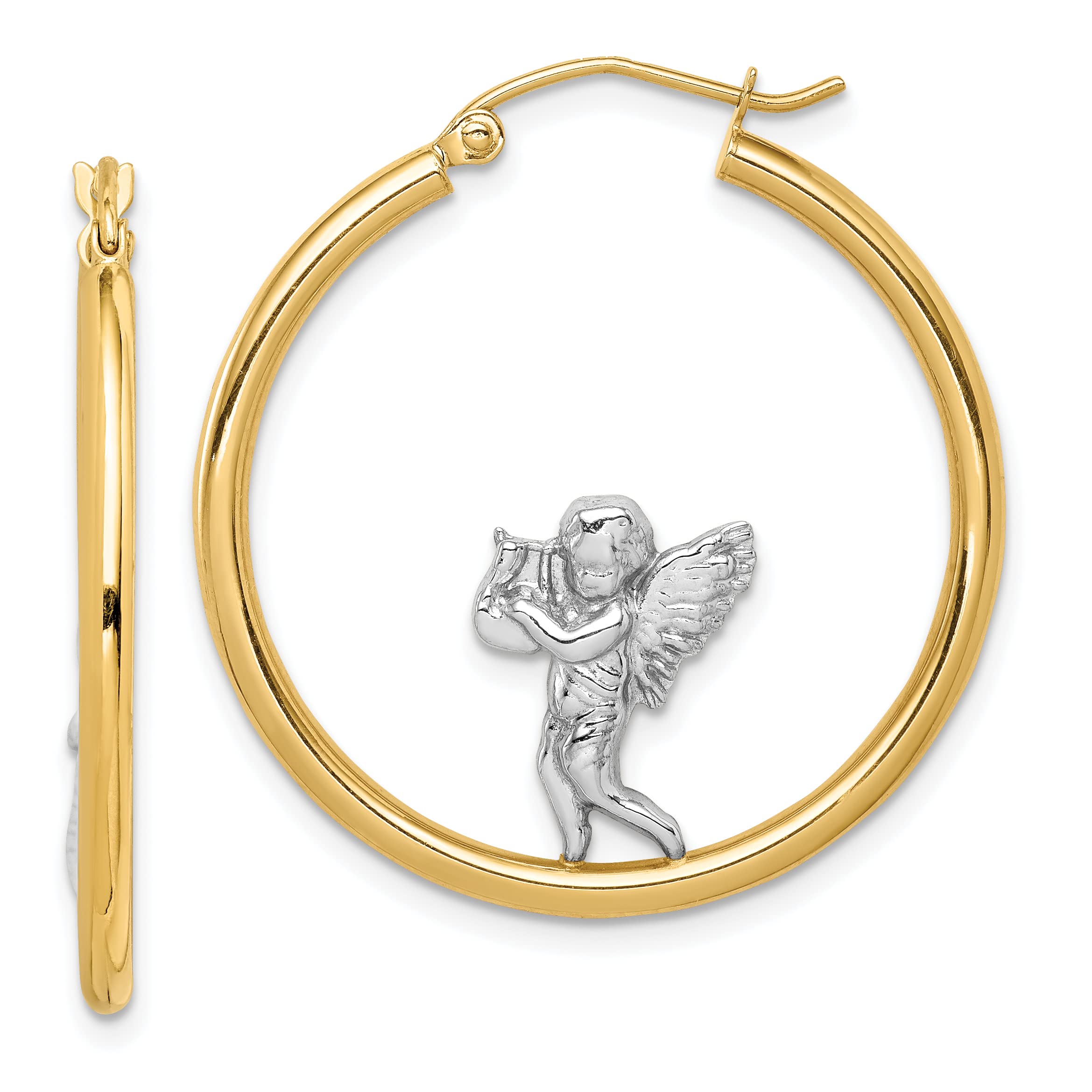 14K Solid Yellow Gold Guardian Angel Hoop Earrings for Women - Round Medium Size Hoops for Everyday Wear, Gift Giving & Special Occasions