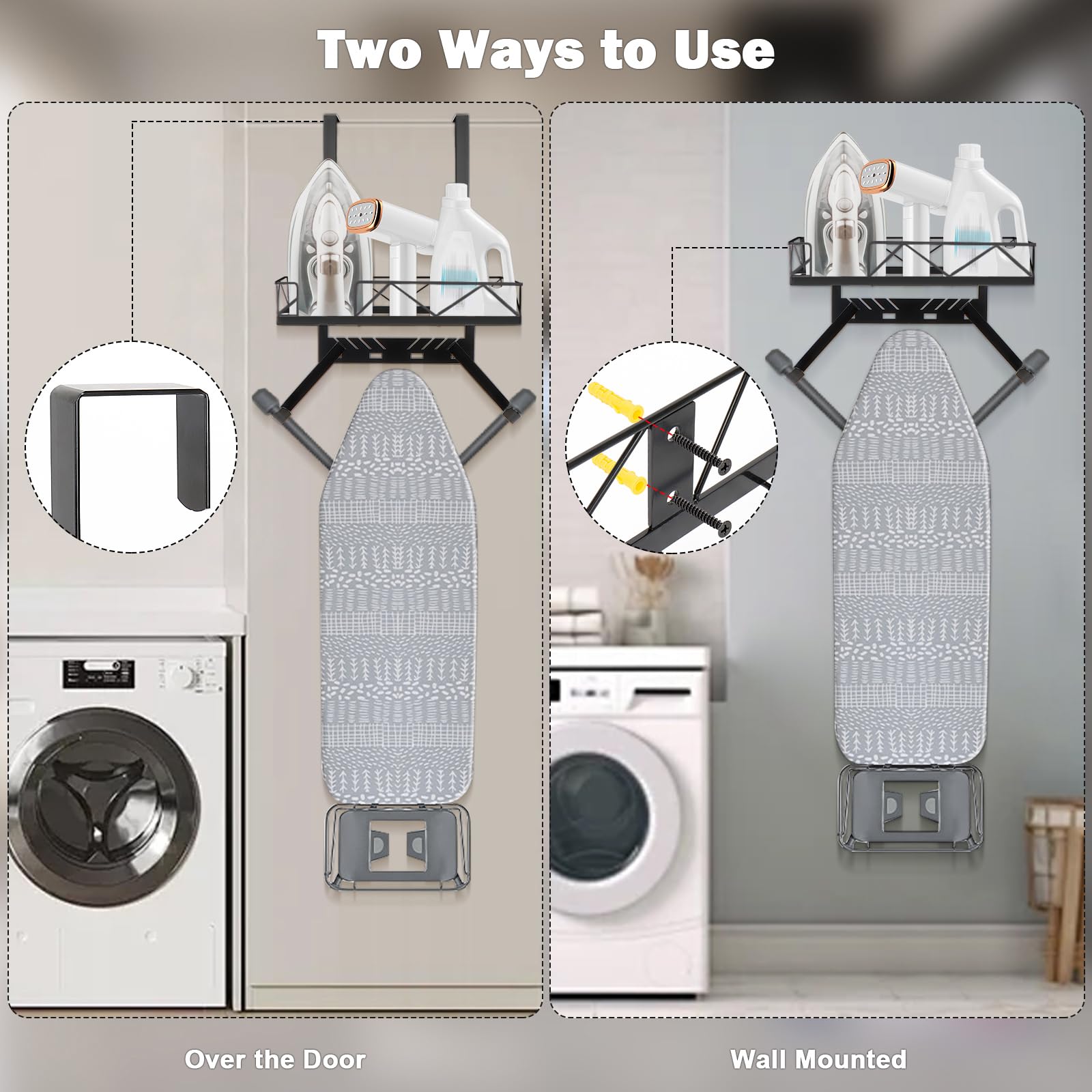 Metal Over The Door or Wall Mounted Ironing Board Hanger - Adjustable Storage Shelf with Hooks for Laundry Room, Living Room, Bathroom - Space Saving Organizer for Home & Apartment (Matte Black)