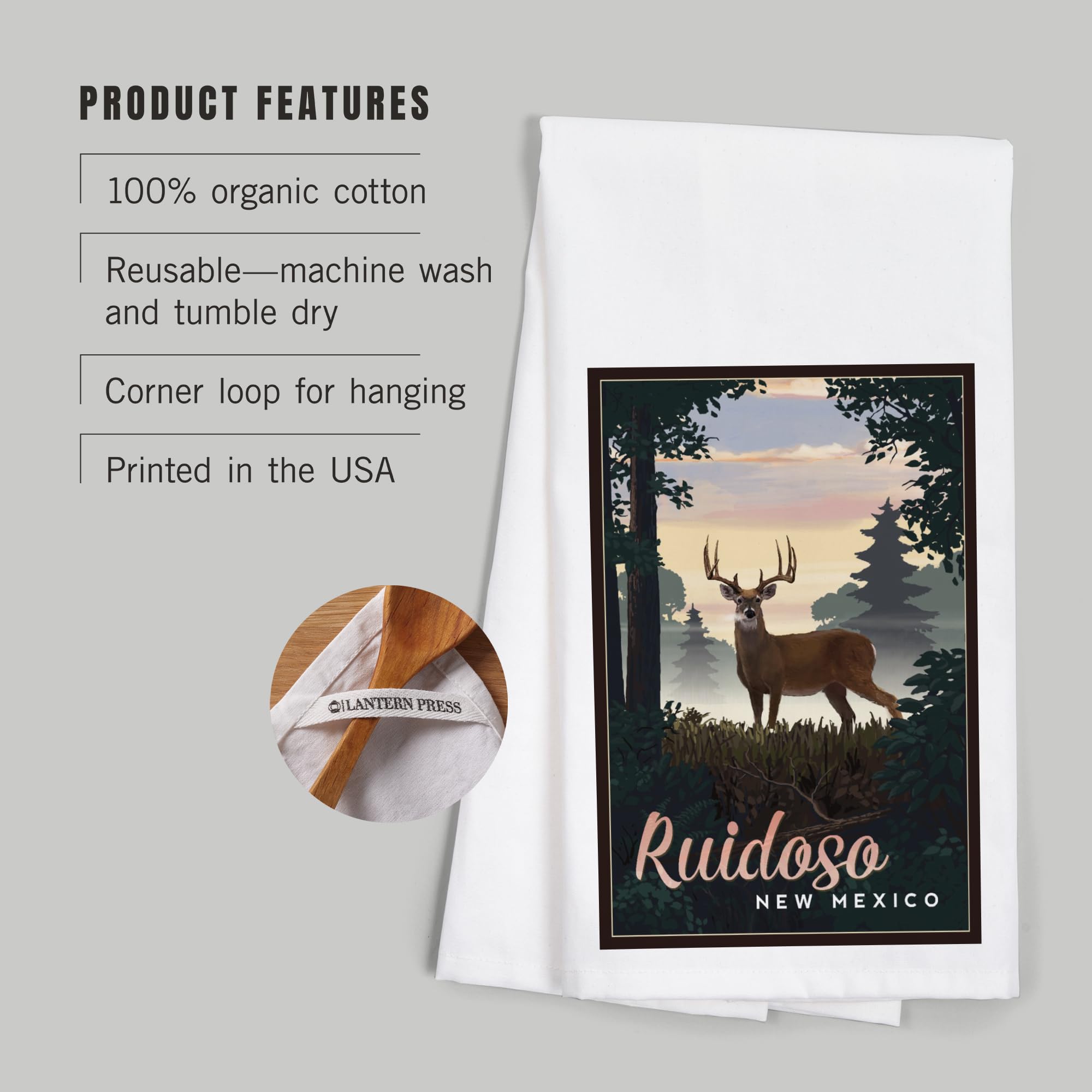 Lantern Press Ruidoso New Mexico Deer and Sunrise Tea Towel - 100% Cotton Decorative Hand Towel for Kitchen & Home - Perfect for Dish Drying, Gift Giving, and Farmhouse Decor