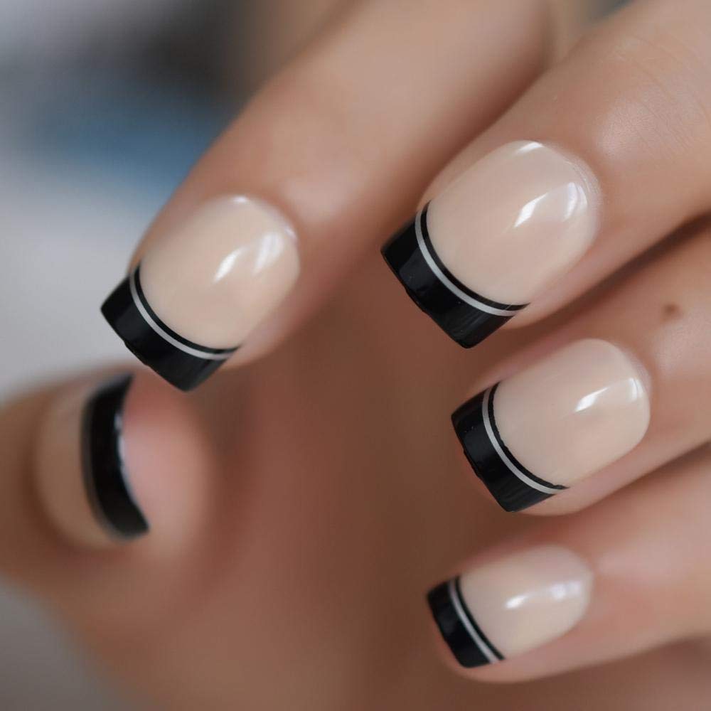 CSCH Short False Nails - Natural Nude French Design with Black Tips, Smooth Artificial Nails for Daily Wear | Perfect for Work, Parties & Special Occasions