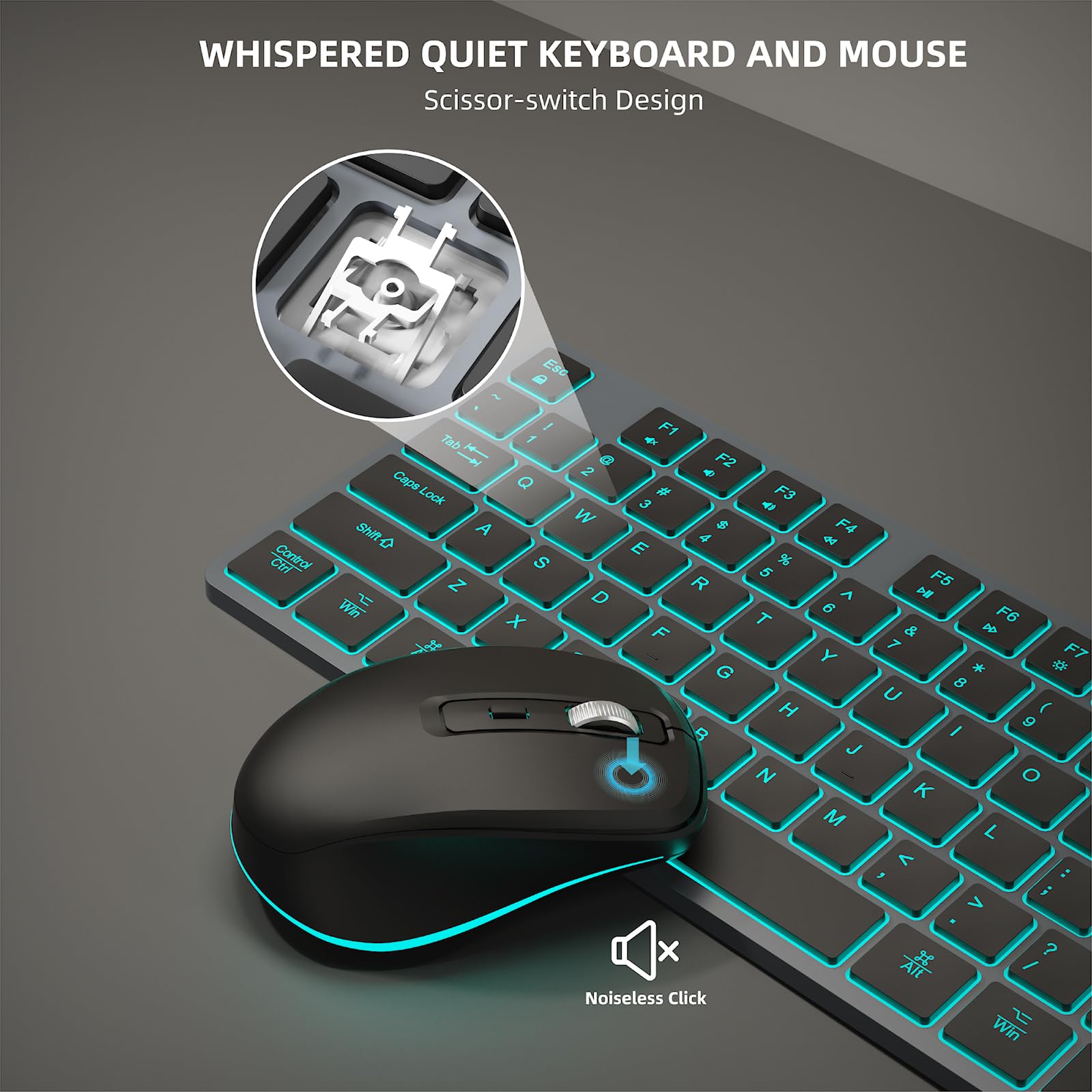 RGB Backlit Wireless Keyboard and Mouse Combo - Slim, Quiet, Rechargeable with Jiggler Mouse & Adjustable Tilt - 2.4GHz Silent Keyboard Mouse for Mac, Windows PC, Laptop, Desktop (Space Gray) - Perfect for Office Work, Gaming, and Home Computing