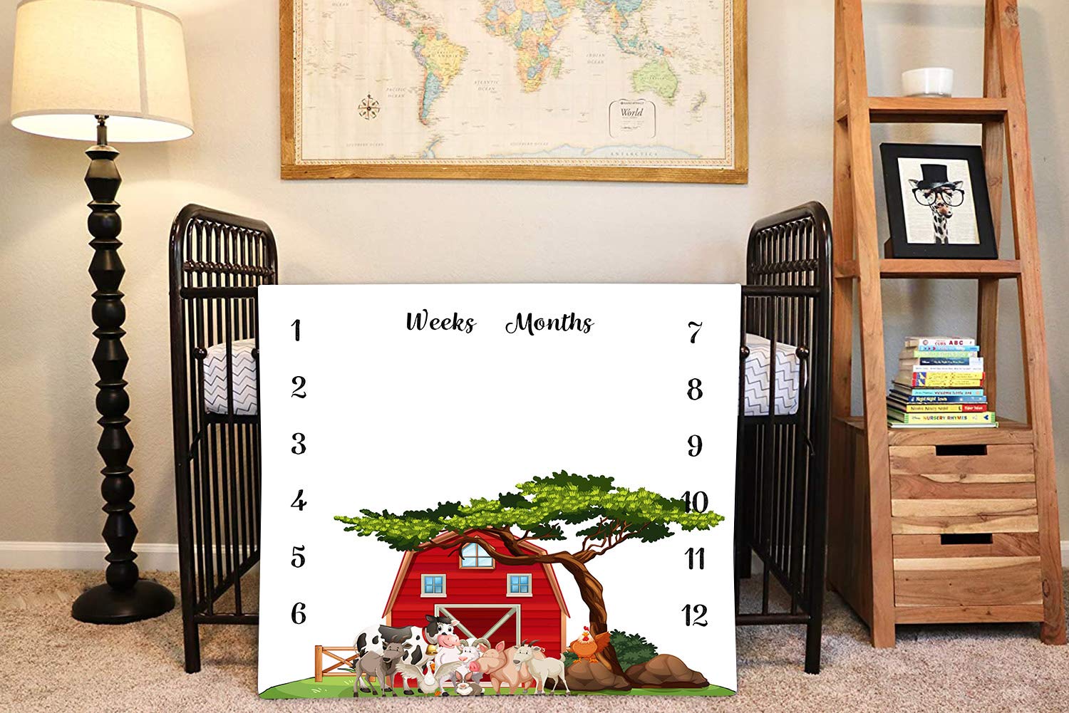 Soft Forest Red House Farm Animals Baby Monthly Milestone Blanket - 48x48 Inch Cute Cartoon Photo Background Blanket for Newborn Photography, Nursery Decor & Memory Keepsake | Perfect for Girls & Boys First Year Milestones