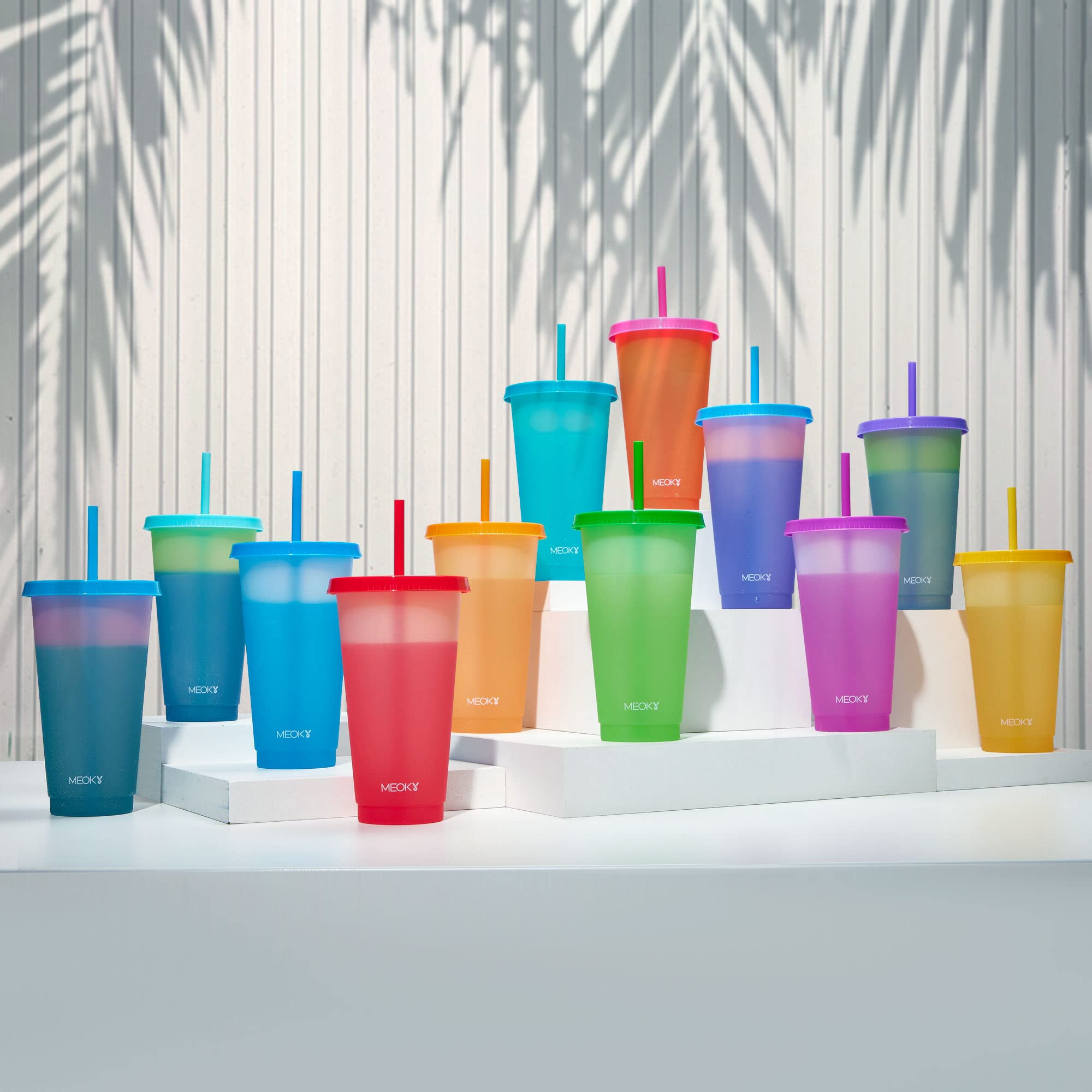 Meoky 12-Pack 24oz Reusable Color Changing Plastic Cups with Lids & Straws - BPA-Free Tumblers for Cold Coffee, Smoothies & Drinks - Perfect for Adults, Kids, Summer Parties, Beach Trips & Outdoor Gatherings