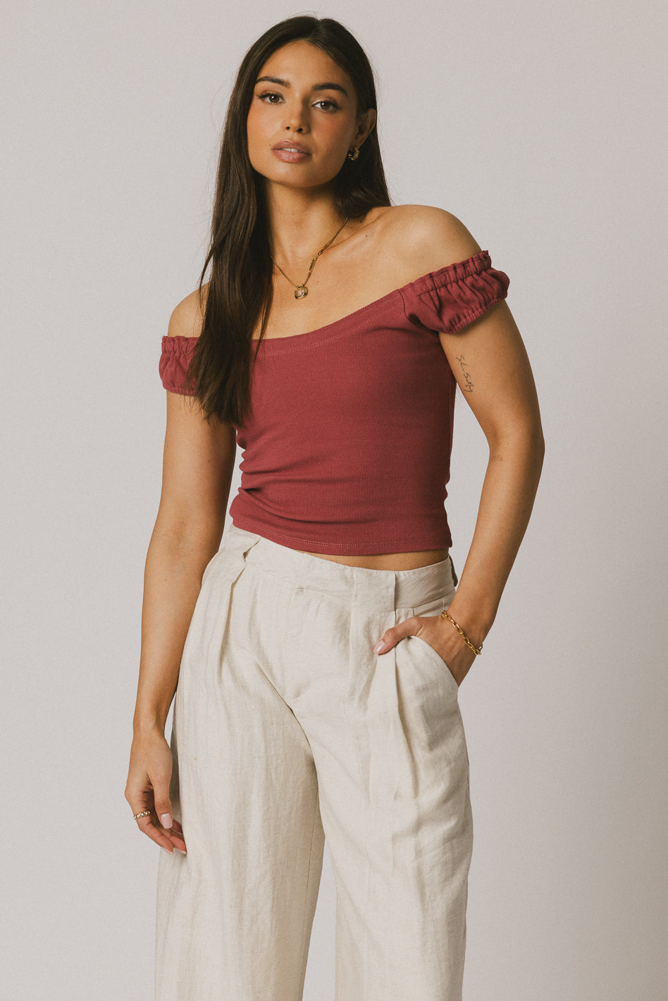 Ace Ribbed Top for Women - Soft Stretch Berry Color V-Neck T-Shirt - Casual Wear, Layering, Everyday Outfits
