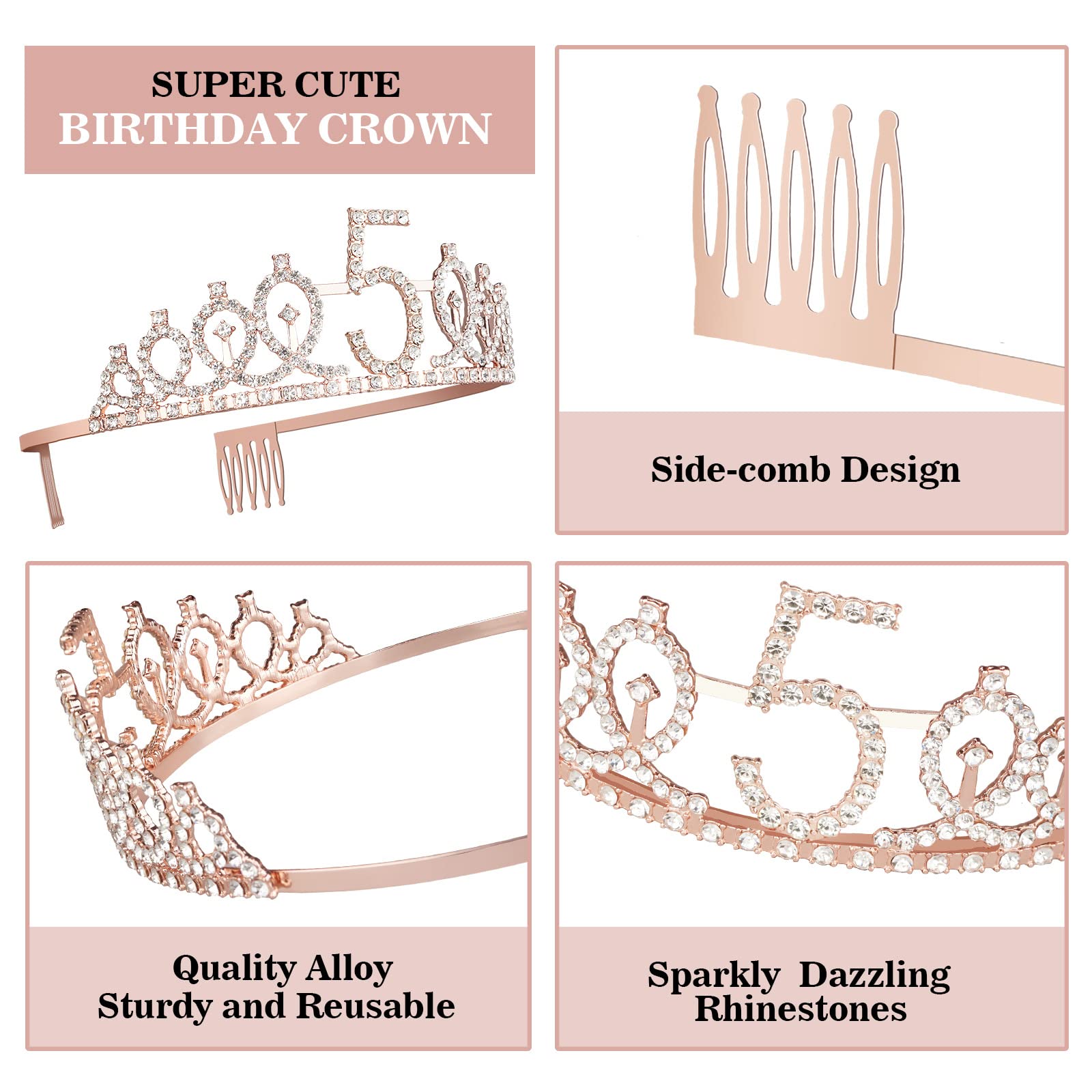 5th Birthday Party Decorations for Girls - Princess Crown Tiara, Birthday Sash, Cake Topper & Candles Set - Perfect 5 Year Old Girl Birthday Gift for Princess Themed Parties & Celebrations