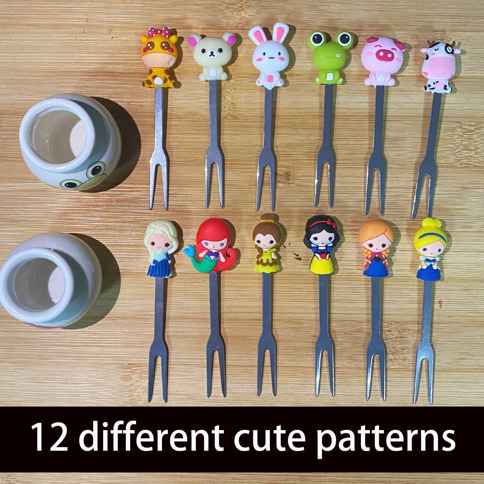 Stainless Steel Fruit Forks Set of 6 with Holder - Cute Cartoon & Fairy Princess Design for Kids, Party, Picnic, and Home Use
