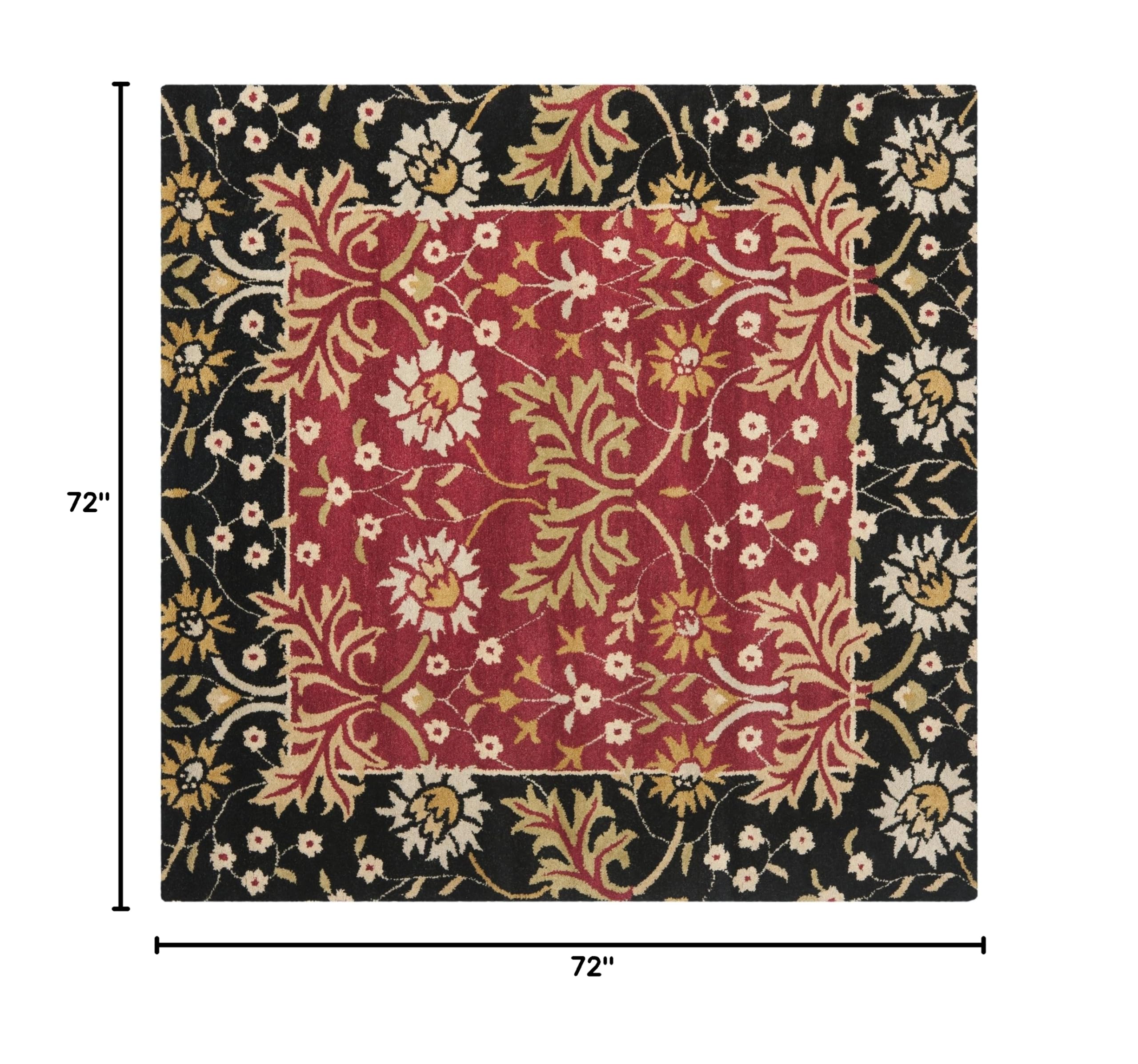 SAFAVIEH Jardin Collection 6'x6' Square Red & Black Floral Wool Area Rug - Handmade Premium Quality for Living Room, Bedroom & Home Decor | JAR725A