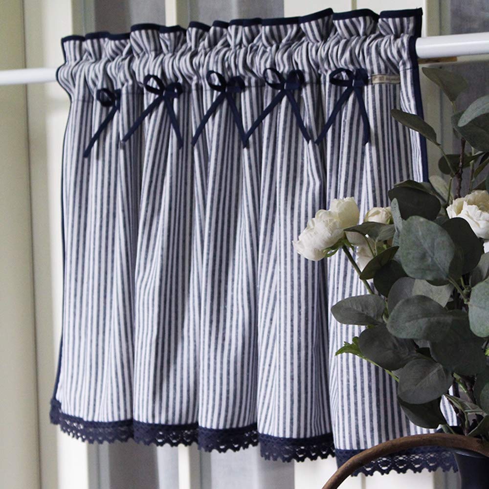Farmhouse Kitchen Curtains - 100% Cotton Striped Cafe Tier Curtains with Lace Trim & Bowknot - Navy Blue Country Window Drapes for Rustic Home Decor - Perfect for Farmhouse, Cottage & Country Style Kitchens
