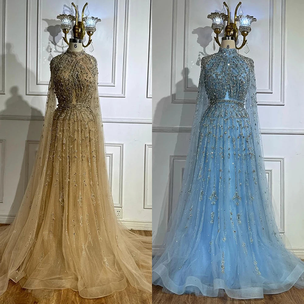 Elegant Blue Beaded A-Line Evening Gown with Cape Sleeves - LA71803G | Formal Party Dress for Prom, Wedding & Black Tie Events
