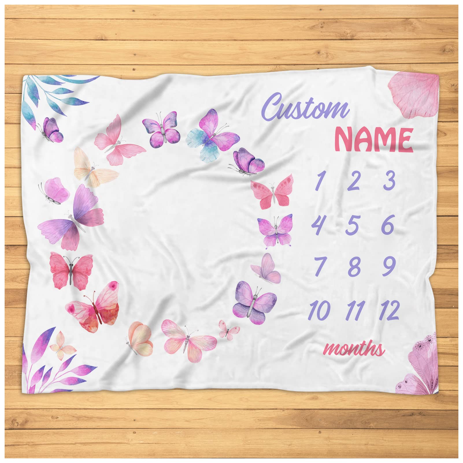 Personalized Butterfly Baby Monthly Blanket - Custom Newborn Nursery Receiving Blanket 60x80 - Soft Plush Fleece for Baby Shower, Photography & Nursery Decor