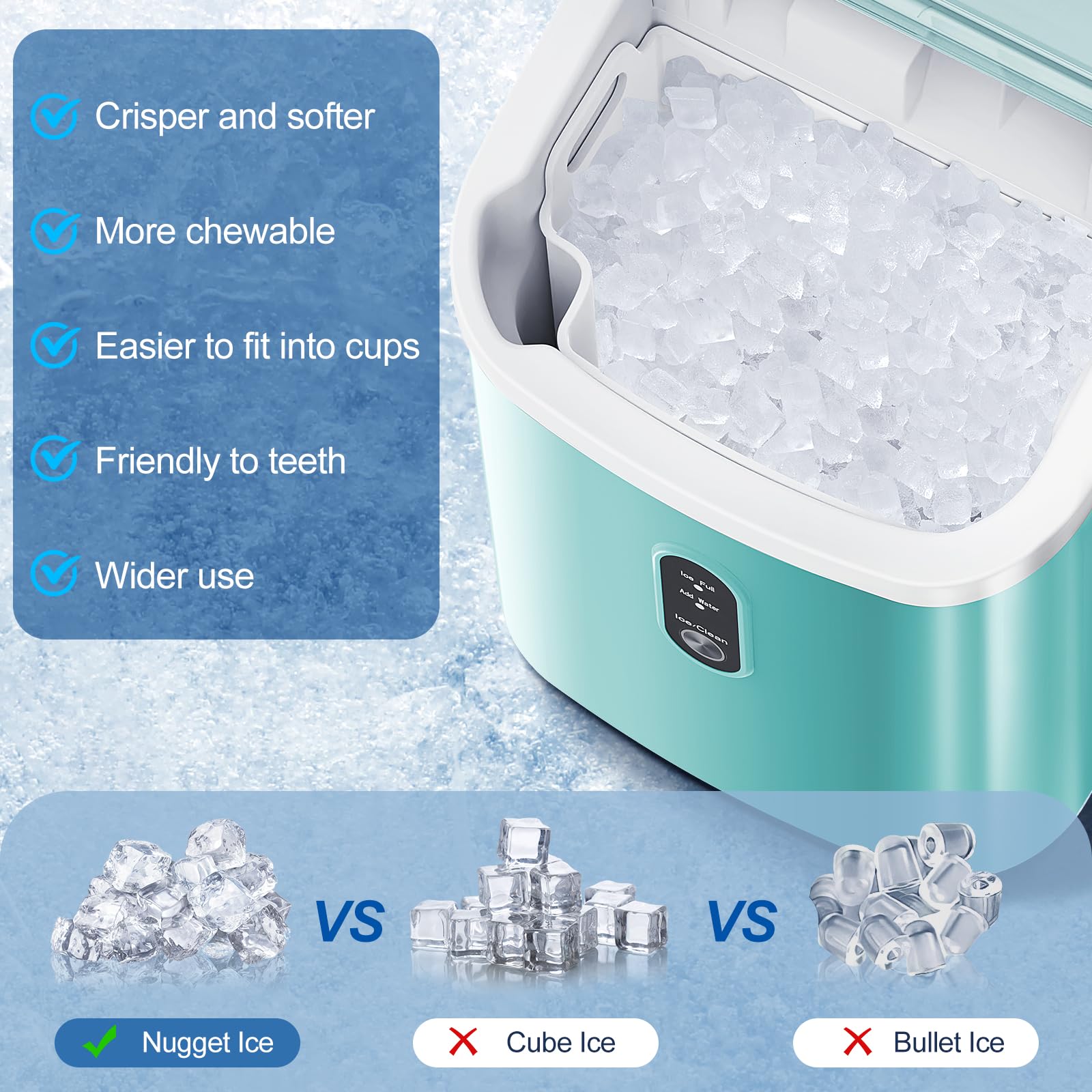 ZAFRO Portable Countertop Ice Maker - 7-Minute Fast Ice Making, 35Lbs/24H, Nugget Ice Machine with Ice Basket & Scoop - Perfect for Home, Office, Bar, Restaurant (Green) | Great for Cocktails, Beverages & Outdoor Parties
