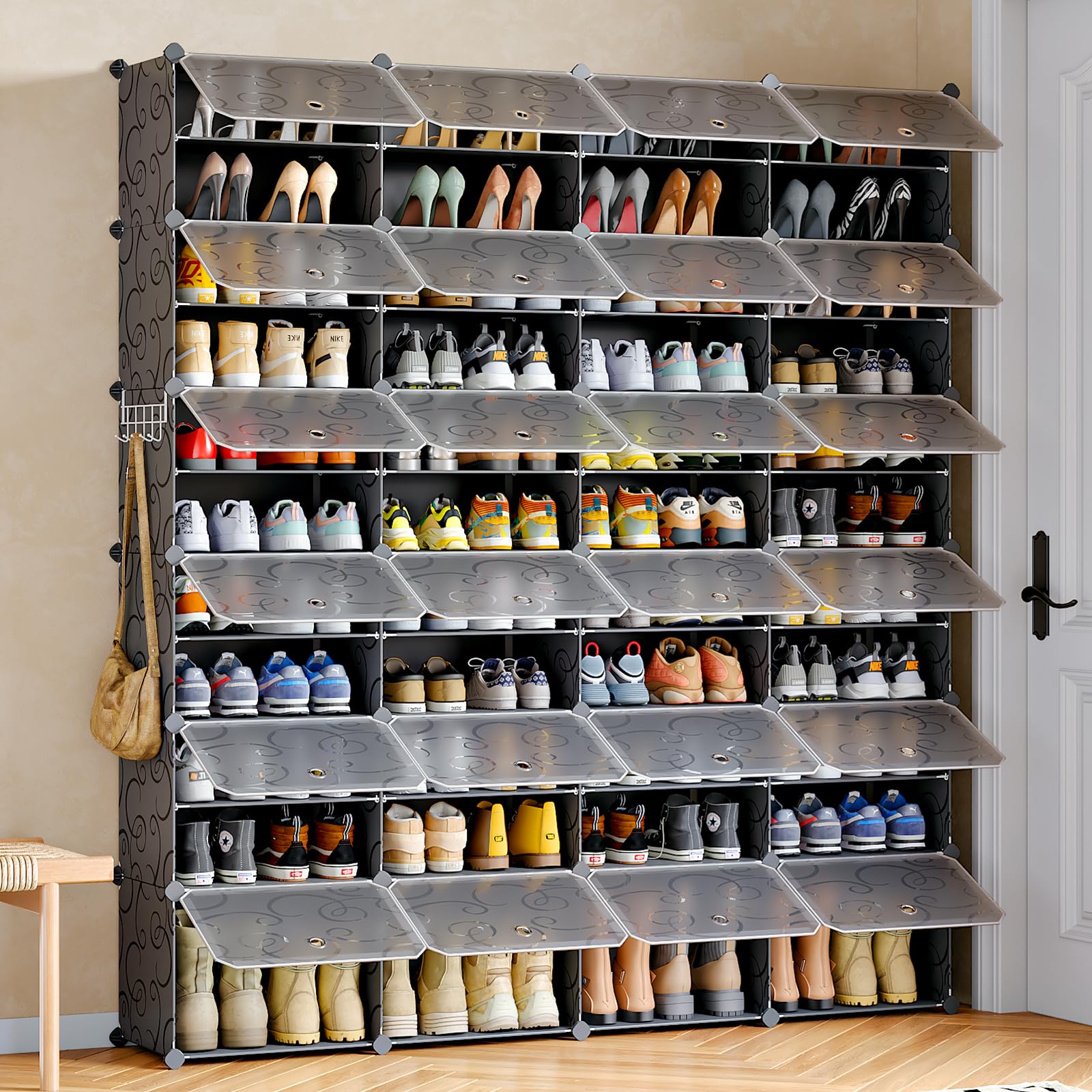 MAGINELS 96-Pairs Shoe Storage Cabinet with Doors - Portable Shoe Rack Organizer, Large DIY Plastic Detachable Shoe Shelves for Entryway, Bedroom, Closet - Black | Space Saving Shoe Storage Solution for Home Organization