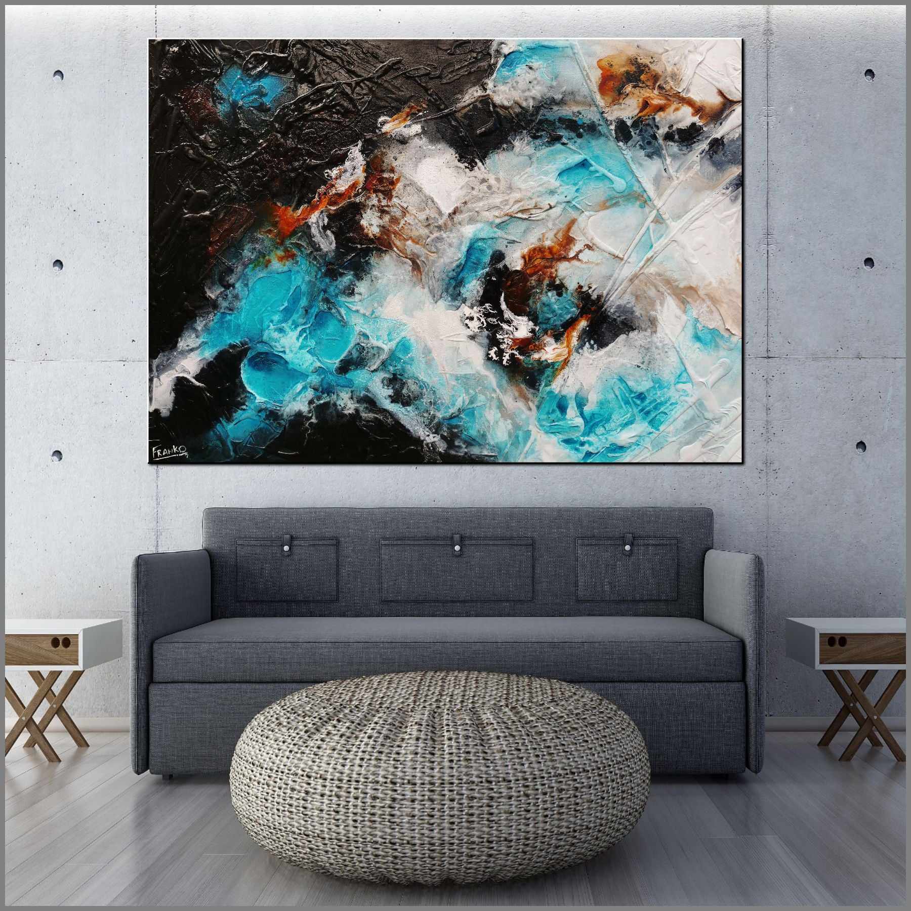 140cm x 100cm Aqua Black Textured Abstract Silk Painting - Modern Wall Art for Living Room, Bedroom & Office Decor