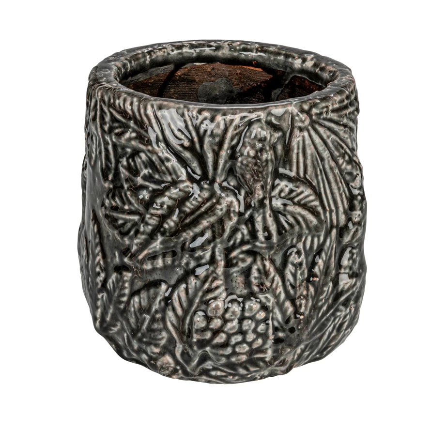 Embossed Grey Terracotta Planter - Modern Indoor/Outdoor Flower Pot for Home Decor, Garden, Patio & Office Plants