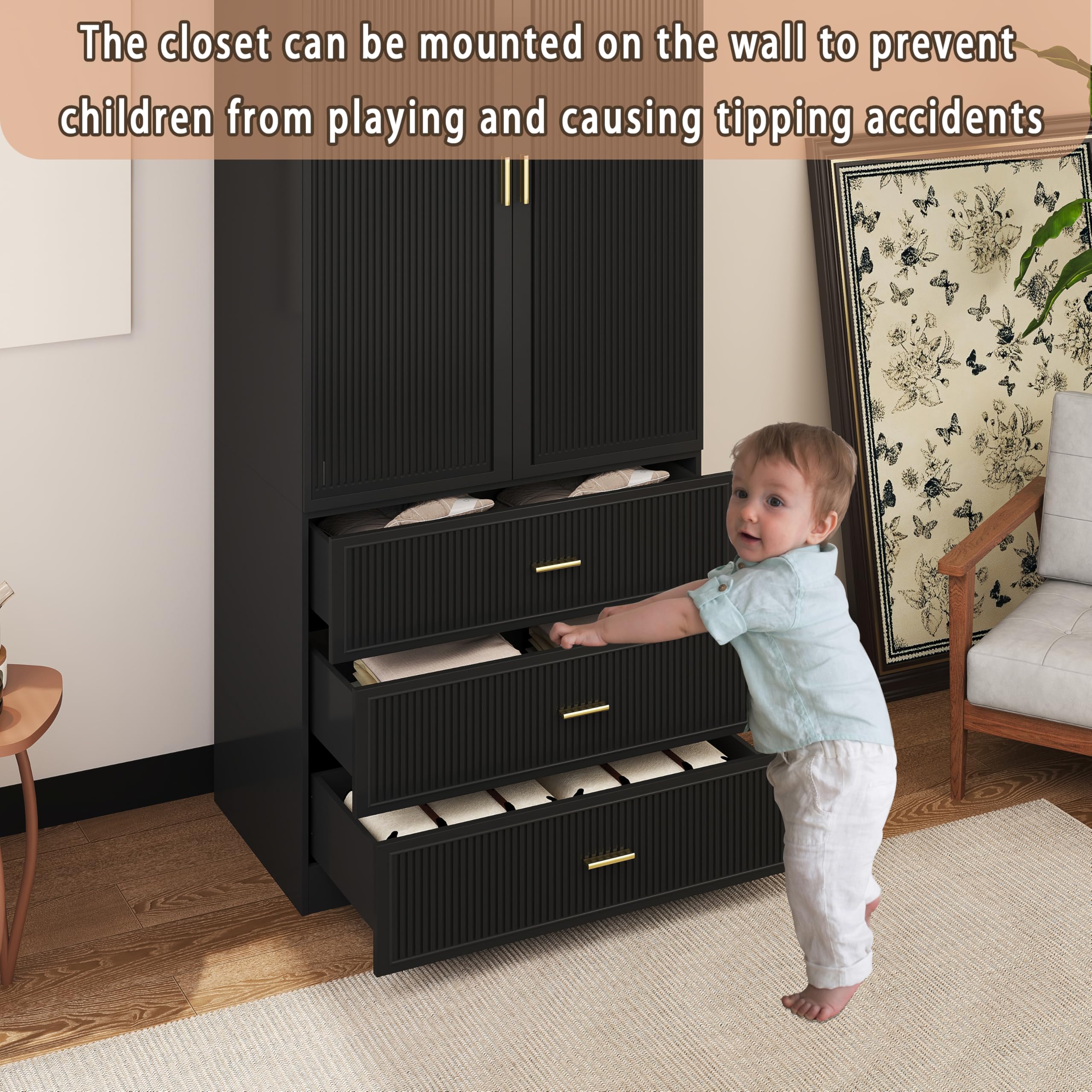 2 Door Armoire Wardrobe Closet with Drawers - Black Large Capacity Storage Closet with Hanging Rod & 3 Drawers for Bedroom Organization | Perfect for Bedrooms, Guest Rooms & Dorm Storage