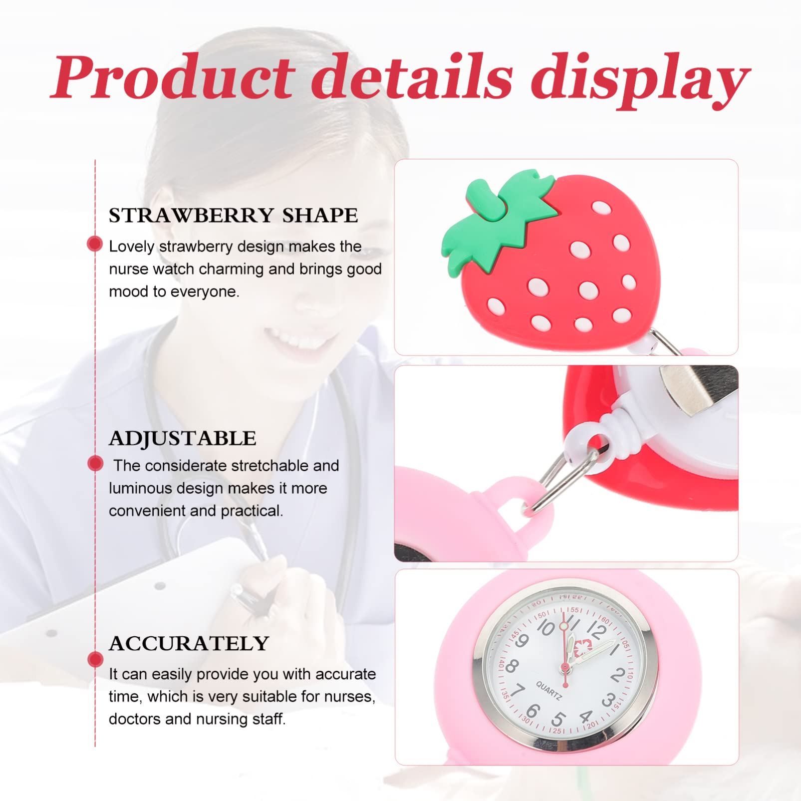 Hemobllo Retractable Pocket Watch - Cartoon Strawberry Design, Portable Hanging Lapel Watch for Doctors & Nurses (Ideal for Medical Professionals, Hospital Shifts & Clinical Use)