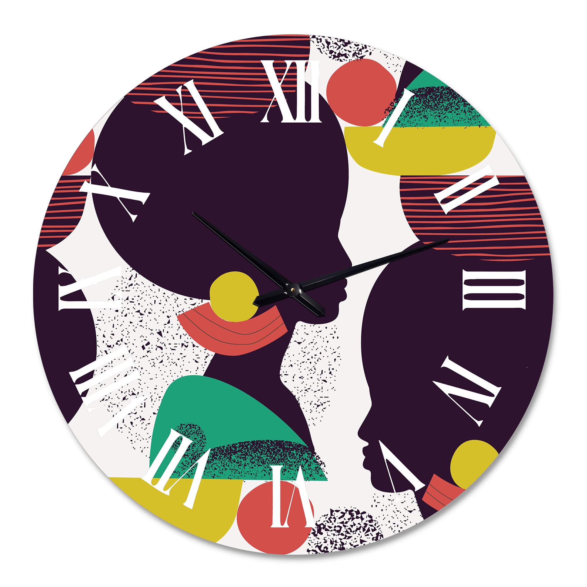 DesignQ Modern Wall Clock - Ethnic Geometric Silhouette of African American III - Large Decorative Wall Clock for Living Room, Bedroom & Office - Unique Home Decor Gift Idea