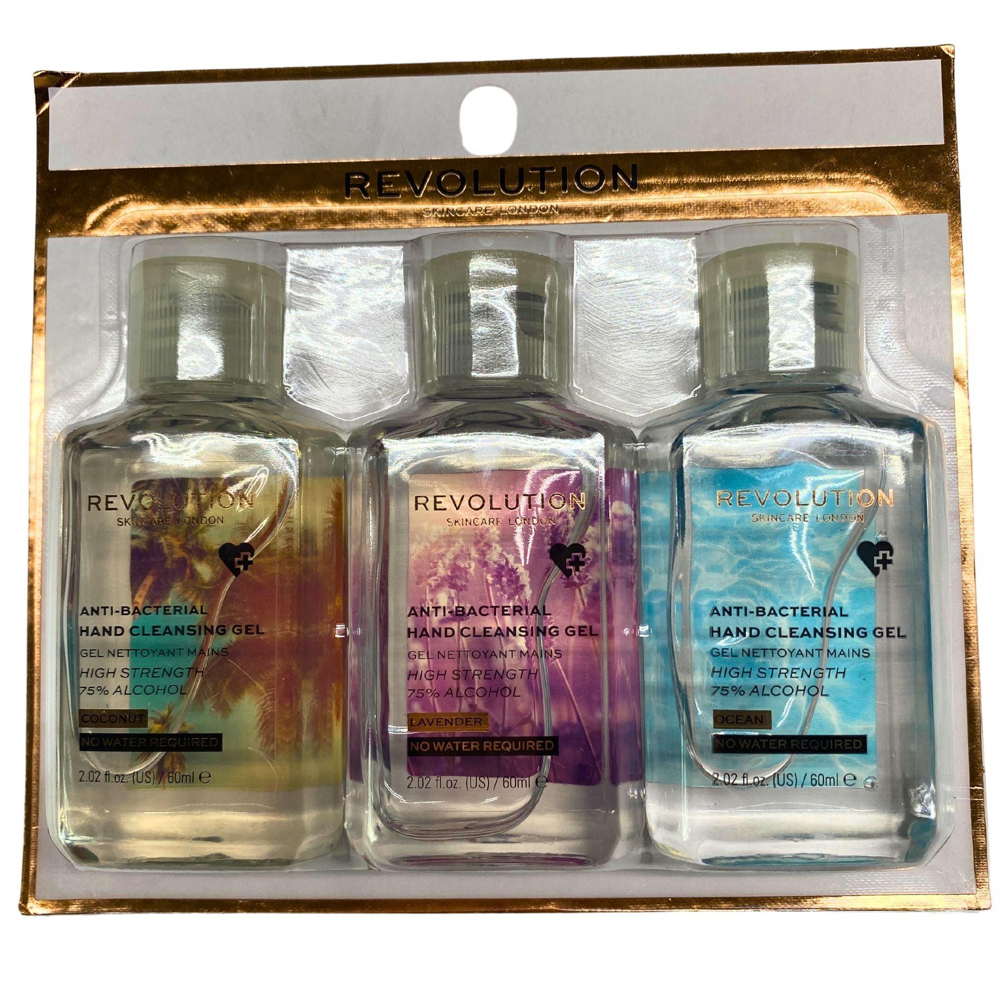 Revolution Skincare London Antibacterial Hand Cleansing Gel - Coconut, Lavender & Ocean Scent (3-Pack, 2.02 fl oz each, 72-Piece Lot) | Travel-Friendly Hand Sanitizer for Office, Gym & Daily Use