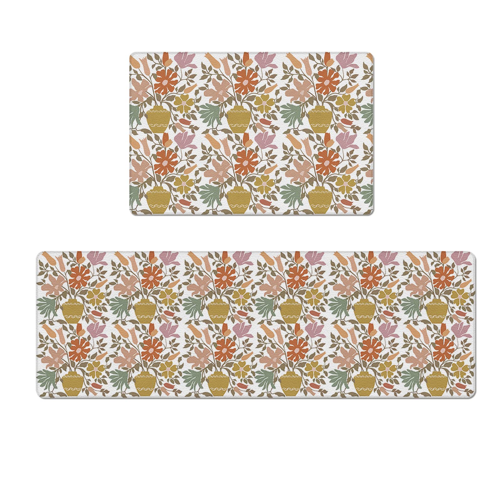 LaBLUUX Anti-Fatigue PVC Kitchen Mat Set - Non-Slip Waterproof Standing Floor Rugs with Abstract Watercolor Vase Flowers Design, Set of 2 (18
