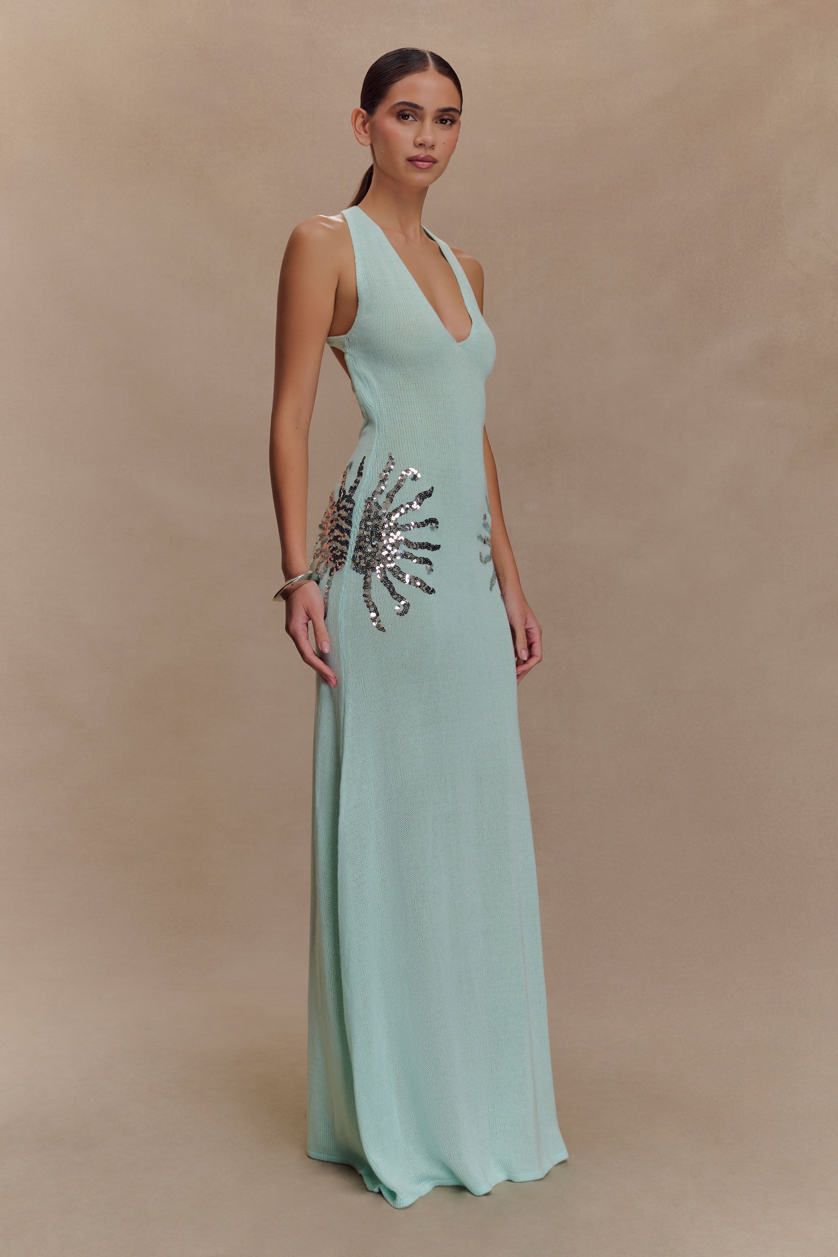 Elegant Ellington Knit Maxi Dress with Sequin Details in Lagoon Blue - Perfect for Evening Parties, Weddings & Special Occasions