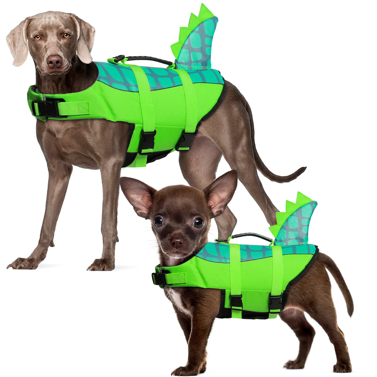 Durable Adjustable Dog Life Jacket - Ripstop Pet Safety Vest with Rescue Handle for Small Medium & Large Dogs | Enhanced Buoyancy for Swimming | Anxiety Relief | Green Dinosaur Design (XS) | Perfect for Boating, Beach & Pool Safety