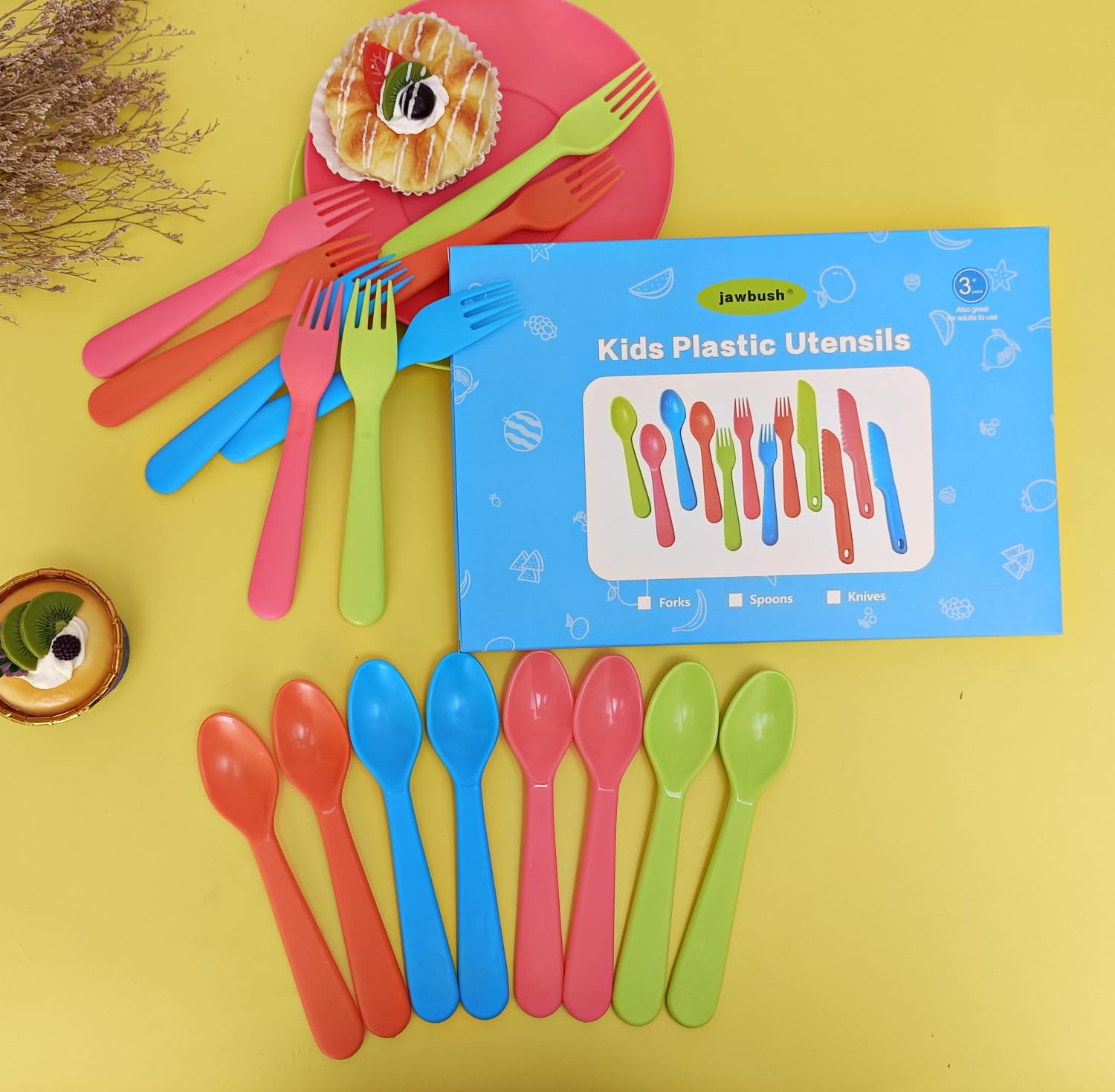 Jawbush 16-Piece Kids Plastic Utensil Set - 8 Forks & 8 Spoons | BPA-Free, Dishwasher Safe Toddler Silverware for School Lunch Boxes, Picnics & Family Meals | Colorful Reusable Children's Cutlery