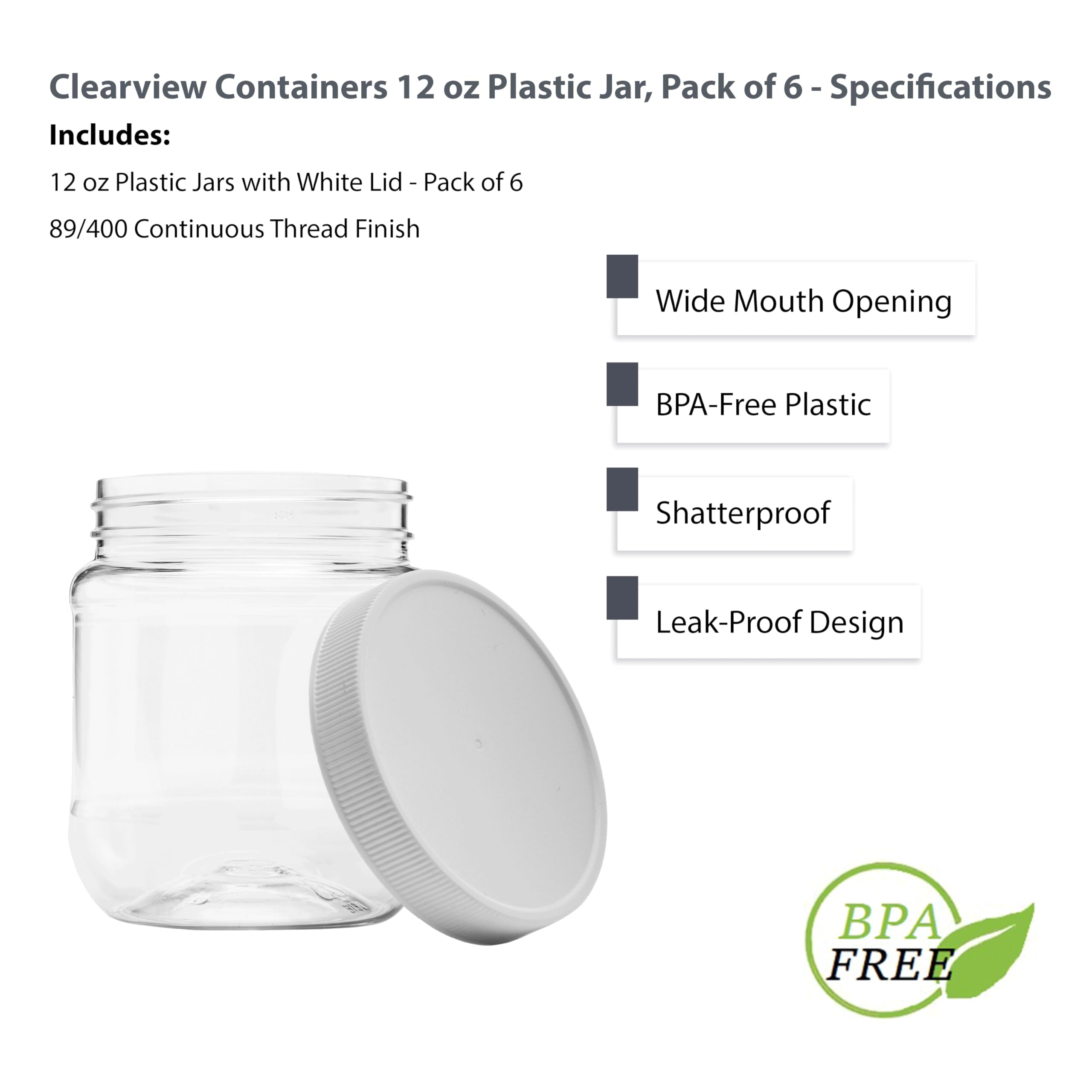 6 Pack 12oz Plastic Jars with Leak-Proof Lids - BPA Free, Food Grade Storage Containers for Spices, Sauces, and Meal Prep (1.5 Cup, 70RM Seal) - Perfect for Kitchen, Pantry & Travel Organization