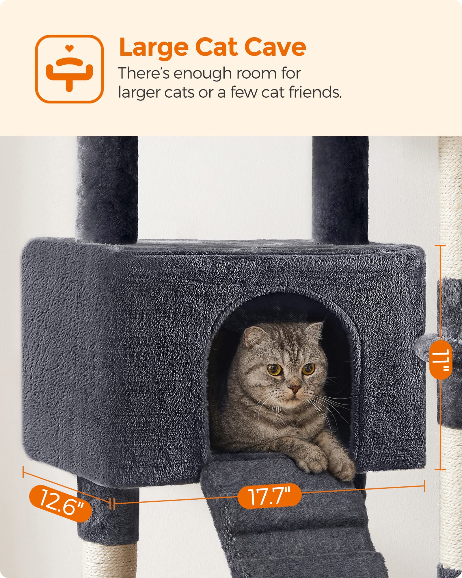 FEANDREA 55.9-Inch Cat Tree Tower for Indoor Cats - Multi-Level Cat Condo with Scratching Posts, 2 Plush Perches, Basket & Large Cat Cave - Durable Cat Activity Center with Ramp in Smoky Gray (UPCT160G01) - Perfect for Small Spaces & Playful Kittens